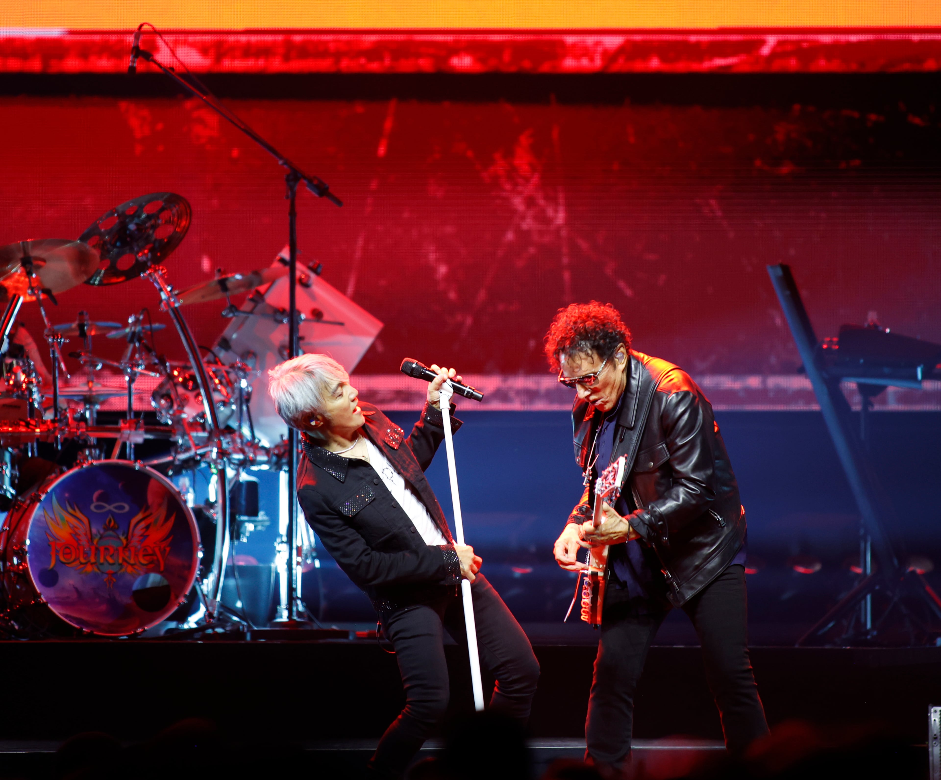 Journey lead vocalist Arnel Pineda performing with the band’s “Final Frontier Tour” at State Farm Arena on Monday, Oct. 19, 2026. (Akili-Casundria Ramsess for the AJC)