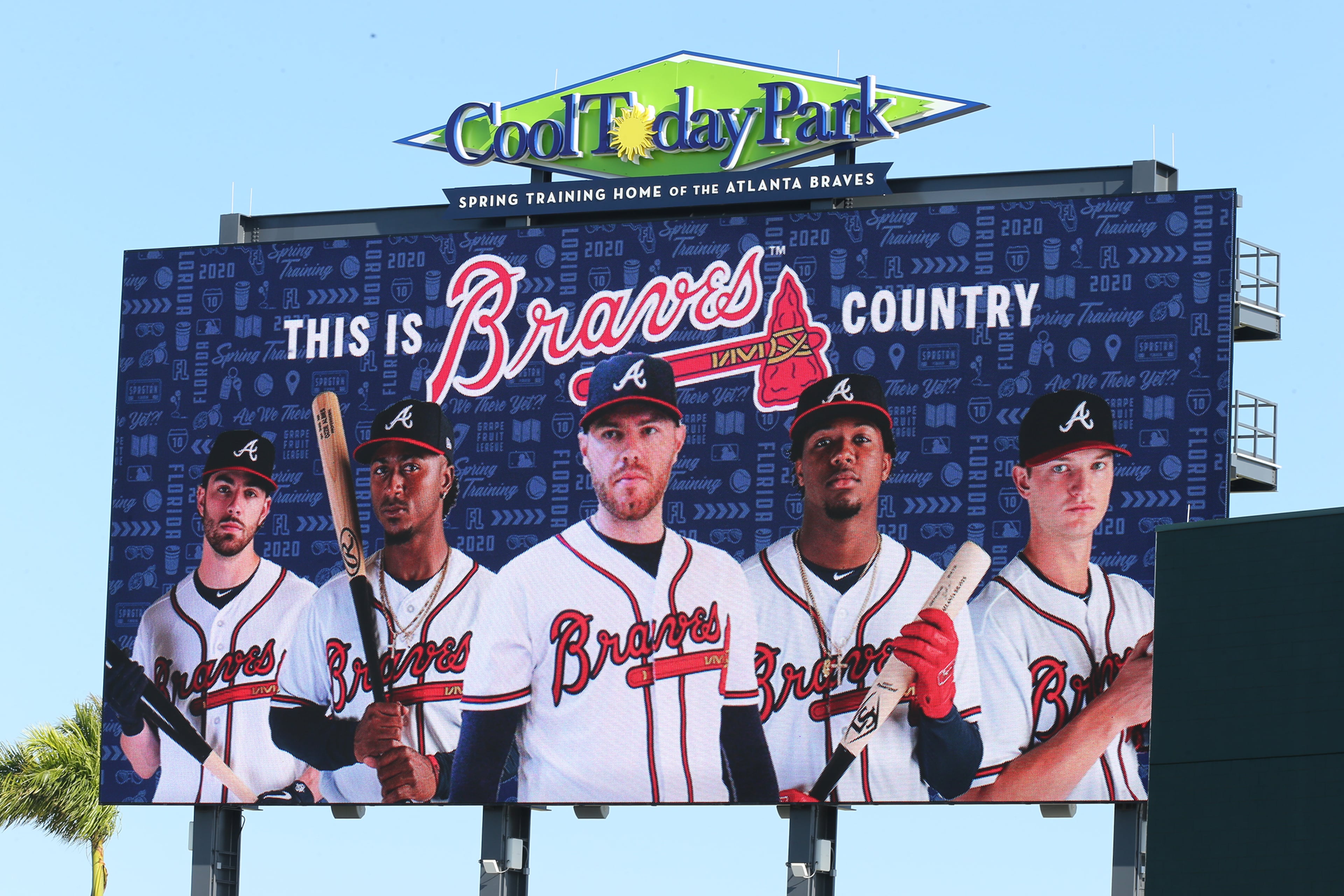 Braves stars fill the outfield screen at CoolToday Park during spring training on Saturday, Feb. 15, 2020, in North Port, Fla. (Curtis Compton ccompton@ajc.com)