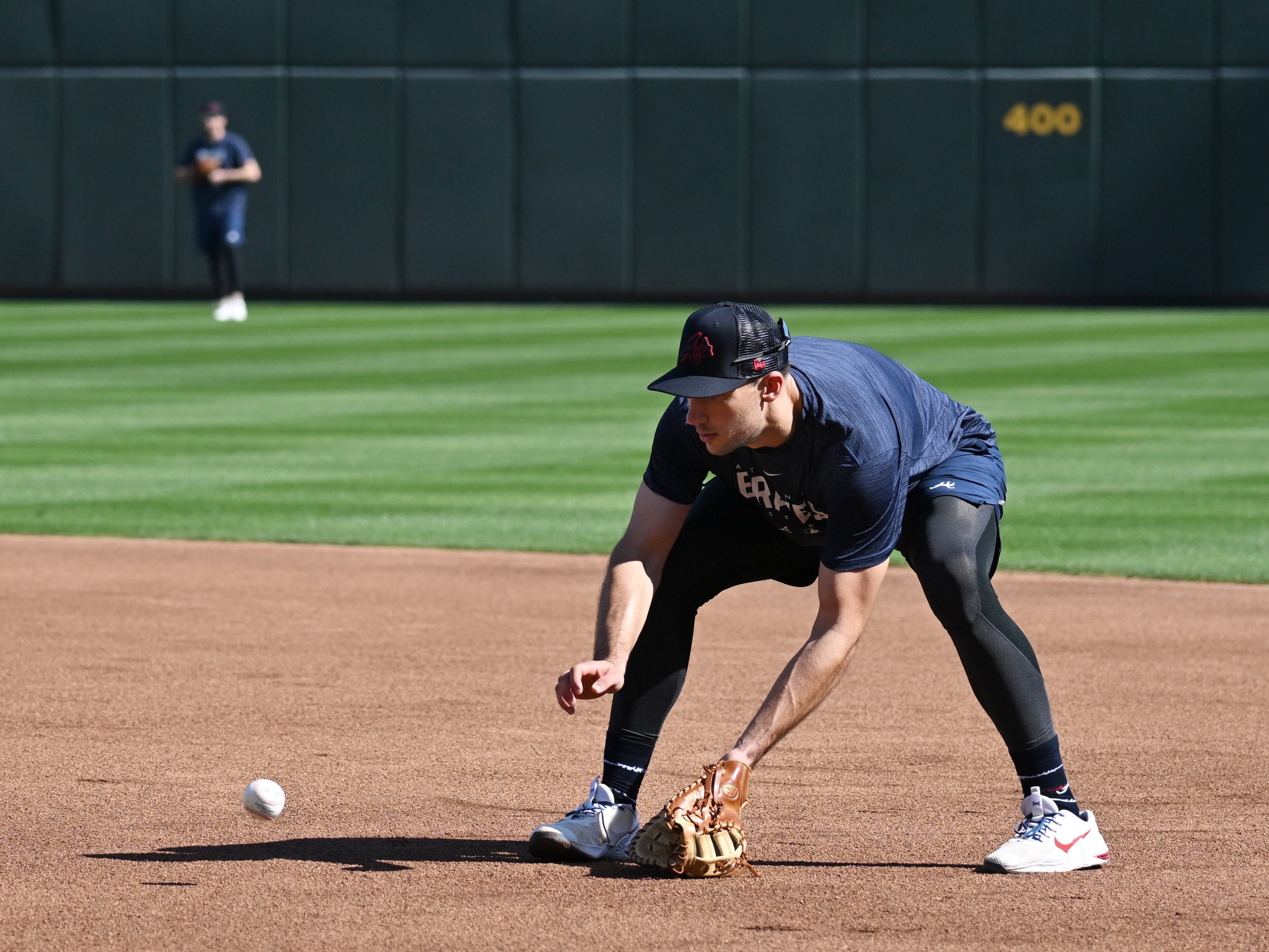 Braves first baseman Matt Olson fields a ground ball Wednesday during spring training at CoolToday Park in North Port, Florida. (Hyosub Shin / Hyosub.Shin@ajc.com)