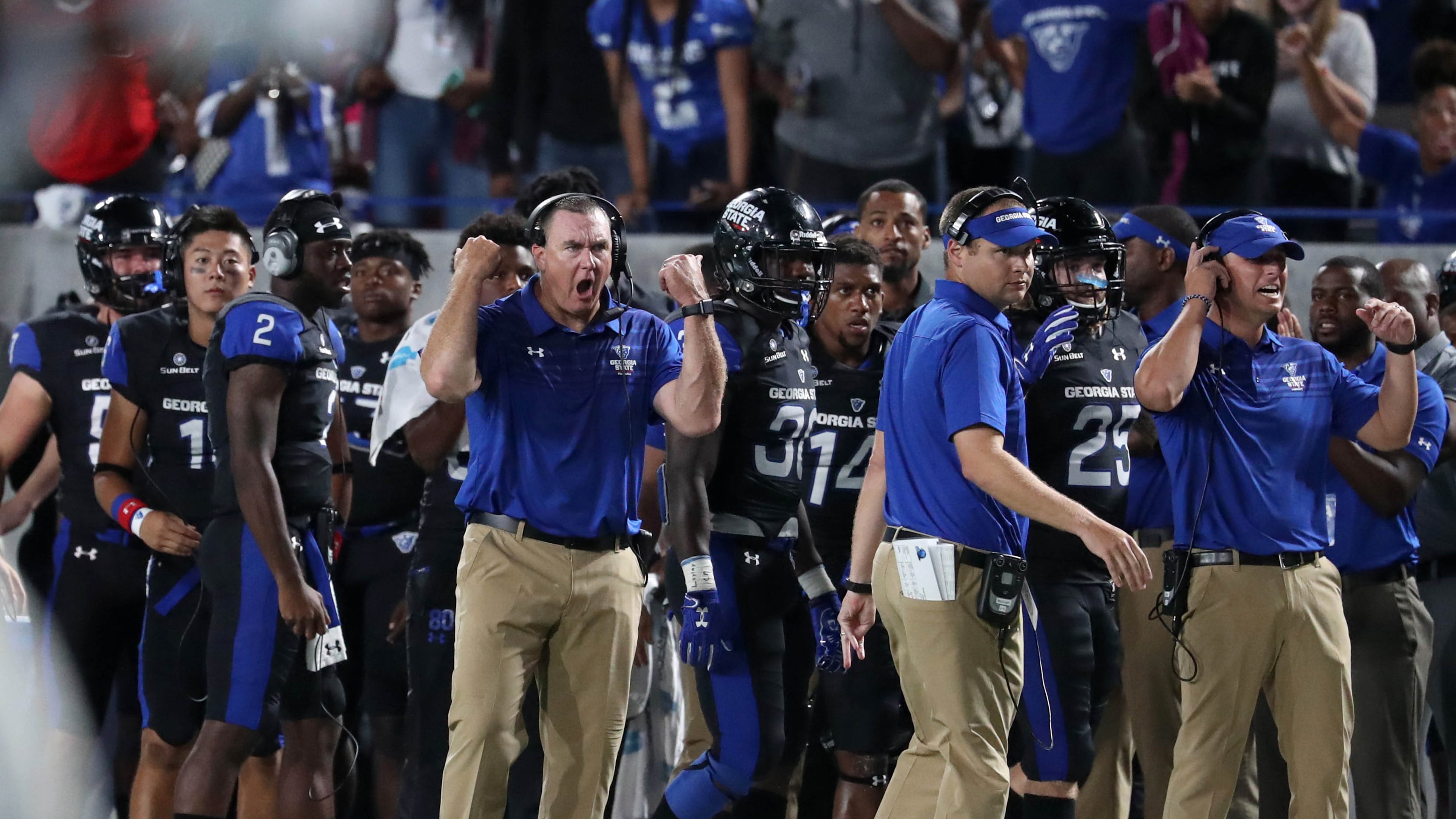 Georgia State Panthers head coach Shawn Elliott reacts after a touchdown against the Tennessee State Tigers during the second half at Georgia State Stadium Thursday in Atlanta, Ga., August 31, 2017. PHOTO / JASON GETZ