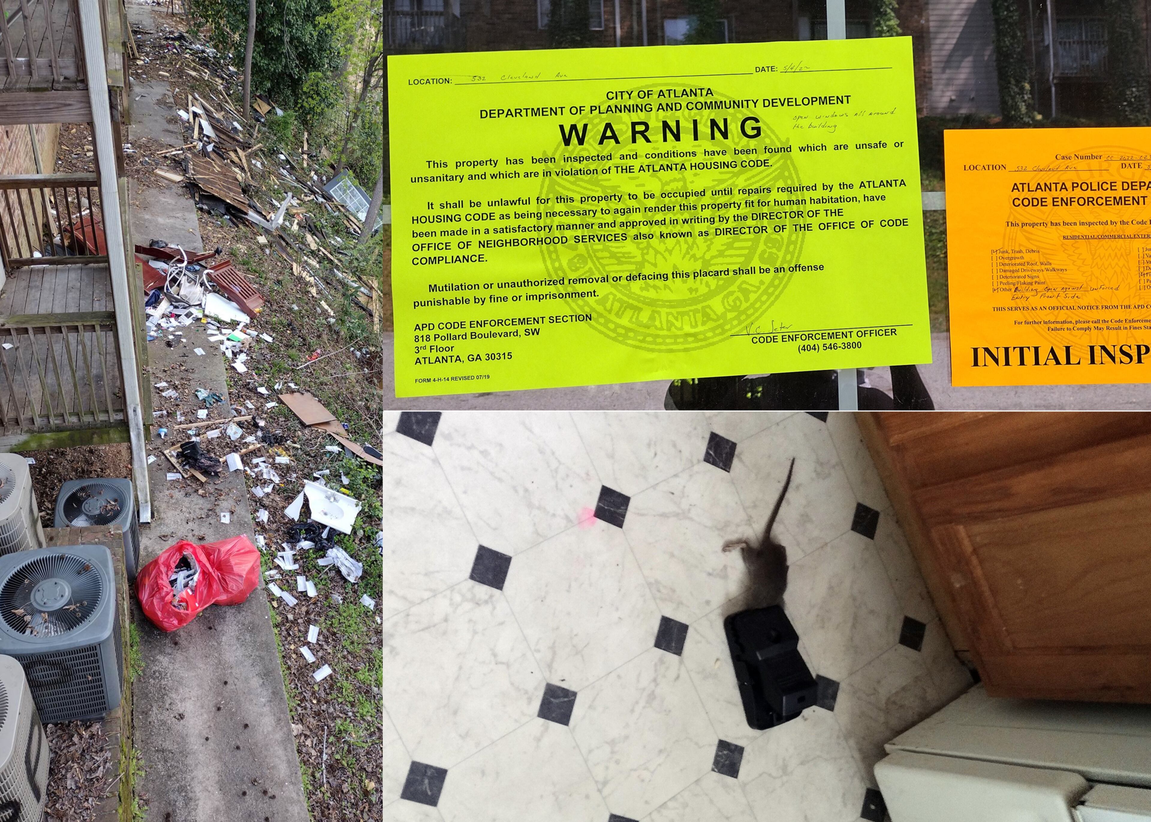 Tenant Danielle Russell photographs trash, insect infestations, rodents and intruders at her Pavilion Place apartment in Atlanta.