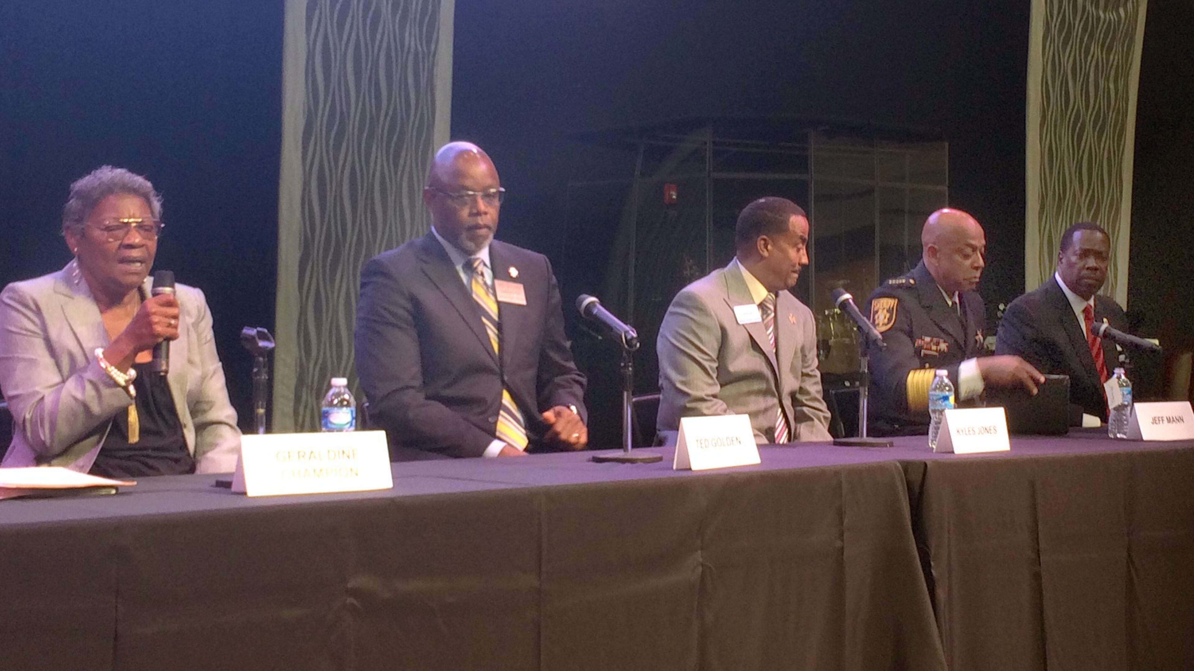 Five candidates running for DeKalb County sheriff will meet in the May 24 Democratic primary election. The candidates are Geraldine Champion, Ted Golden, Kyle Jones, Jeff Mann and Michael Williams. They met during a debate at New Life Church on May 16, 2016. MARK NIESSE / MARK.NIESSE@AJC.COM