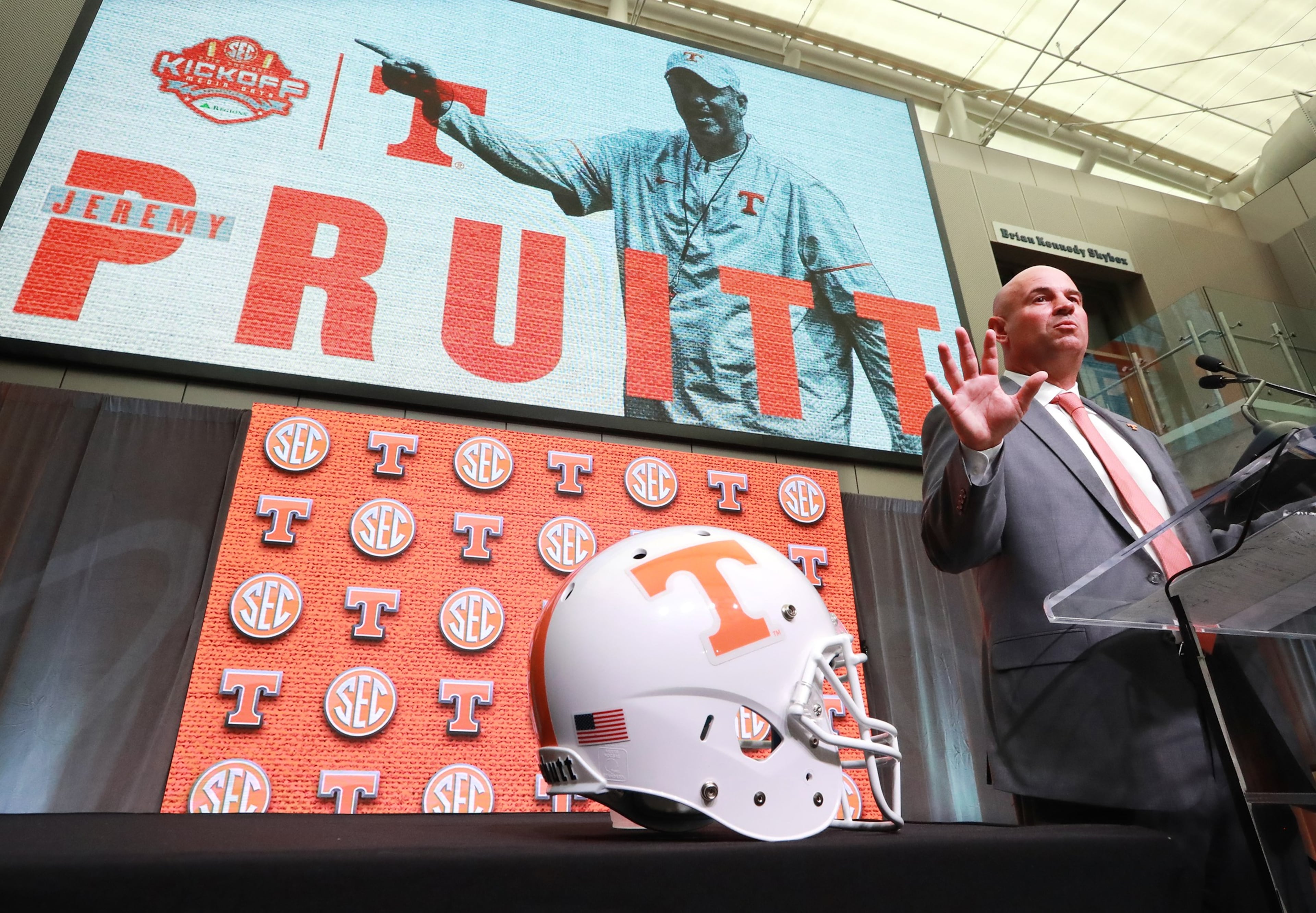 July 18, 2018 Atlanta: Tennessee head coach Jeremy Pruitt holds his SEC Media Days press conference at the College Football Hall of Fame on Wednesday, July 18, 2018, in Atlanta. Curtis Compton/ccompton@ajc.com