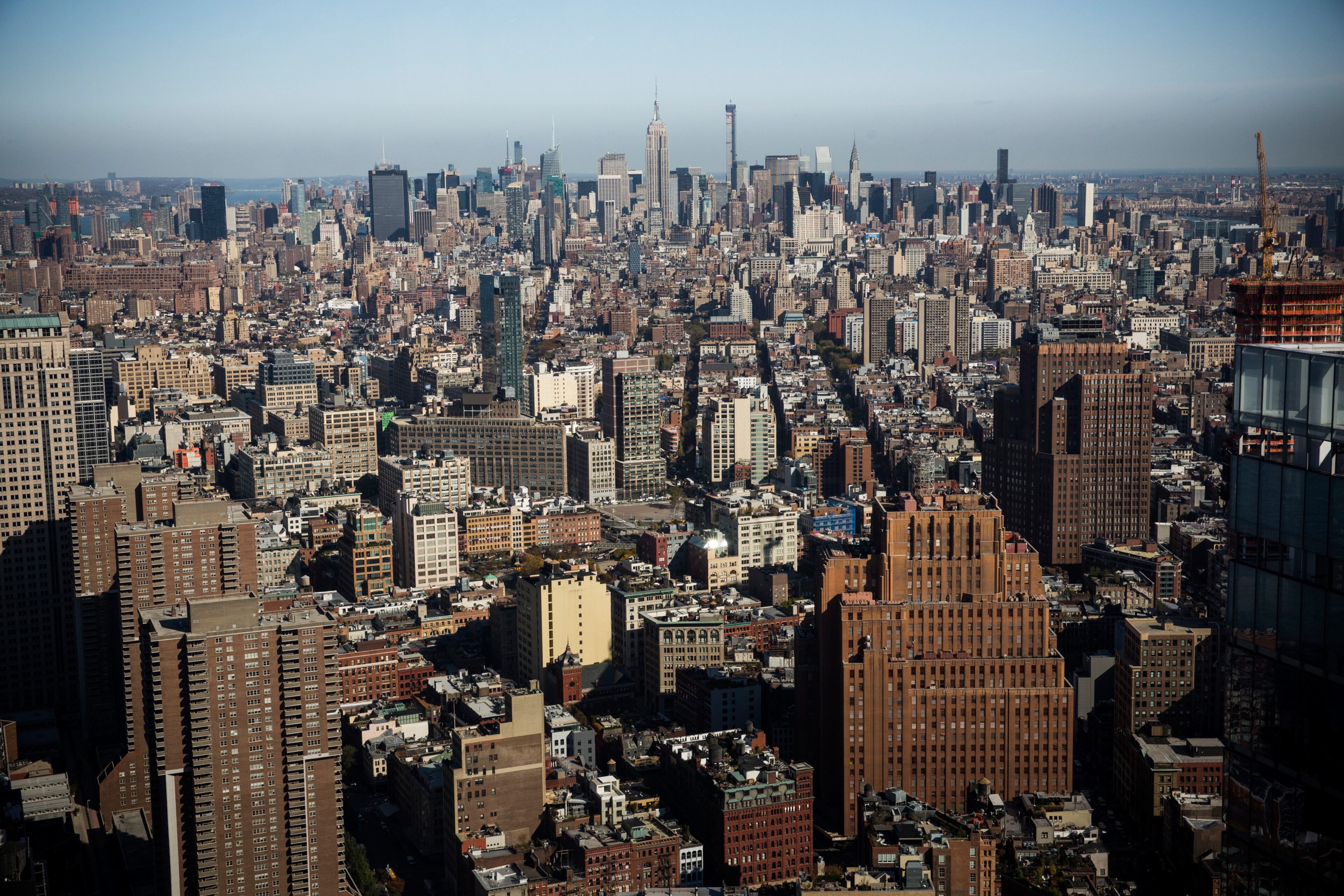 The view from the 63rd floor of One World Trade Center, which opened for business Nov. 3, 2014, is seen in New York City. The skyscraper is 104 stories tall and cost $3.9 billion; it opens more than 13 years after the terrorist attacks of September 11, 2001, destroyed the original World Trade Center buildings. Officials say the building is currently at 60% occupancy, with Conde Nast as one of the first major tenants to move in. (Photo by Andrew Burton/Getty Images)