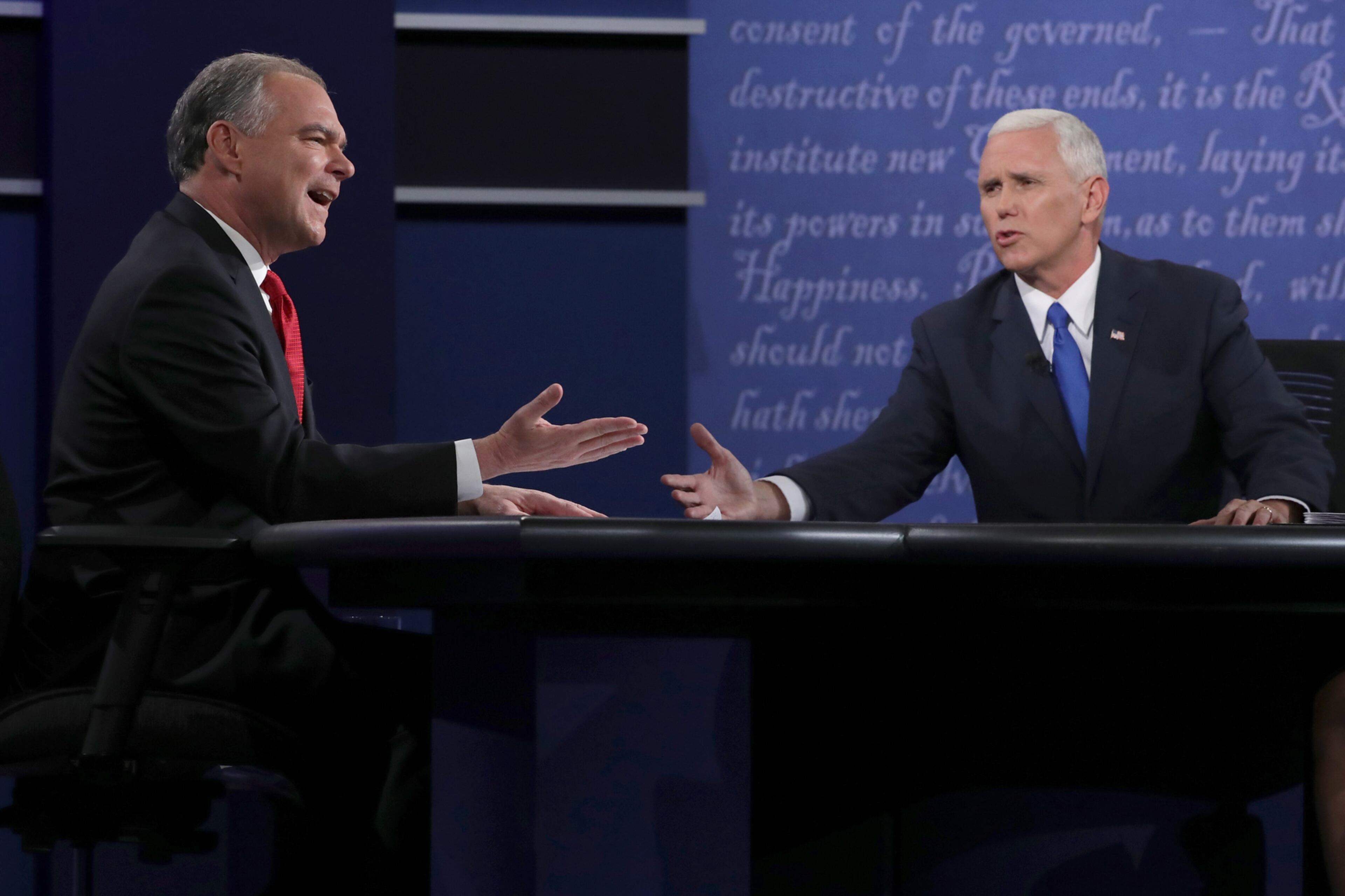 FARMVILLE, VA - OCTOBER 04: Democratic vice presidential nominee Tim Kaine (L) and Republican vice presidential nominee Mike Pence (R) speak during the Vice Presidential Debate at Longwood University on October 4, 2016 in Farmville, Virginia. This is the second of four debates during the presidential election season and the only debate between the vice presidential candidates. (Photo by Chip Somodevilla/Getty Images) *** BESTPIX