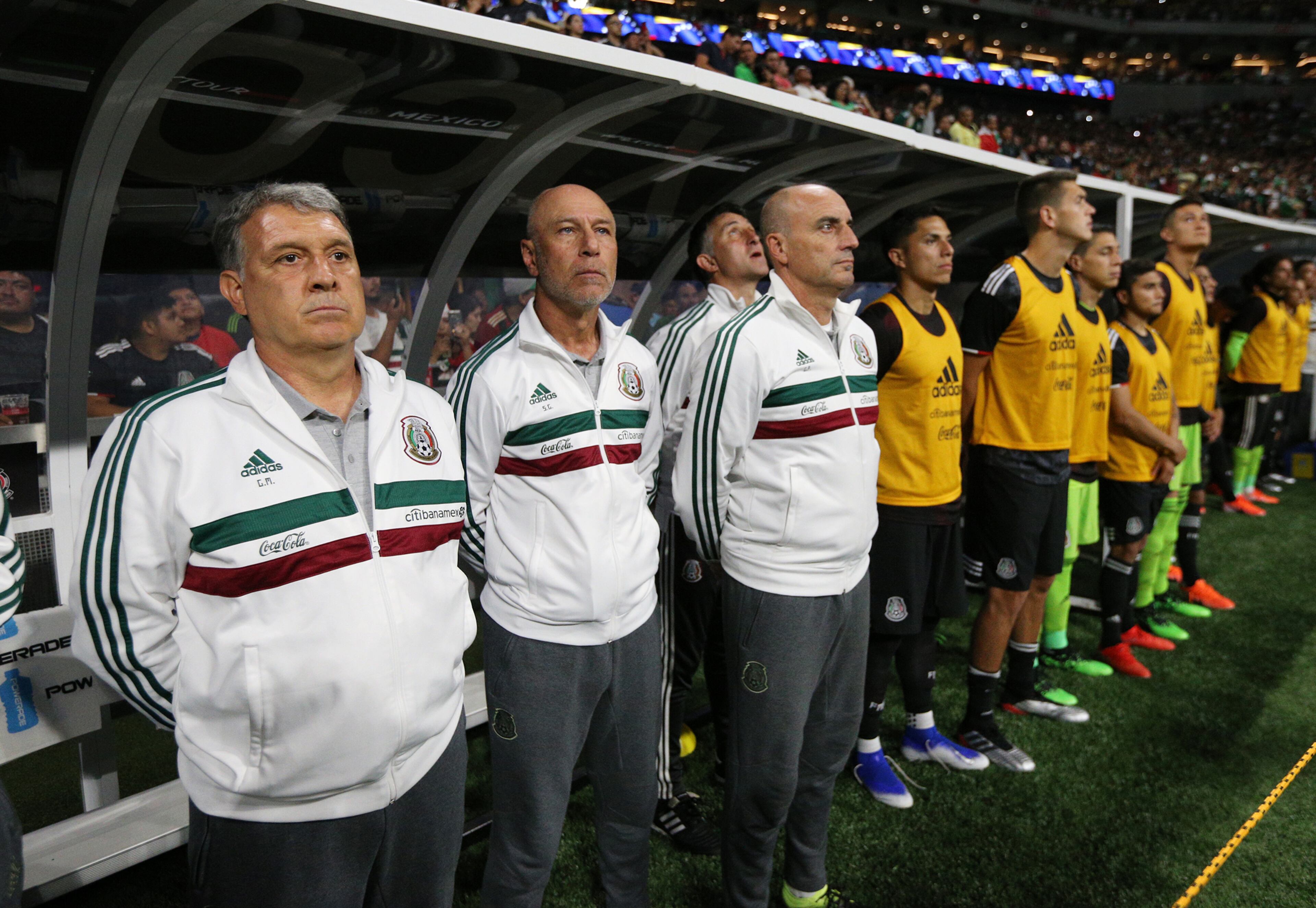 Former Atlanta United manager Gerardo Martino (left) leads the Mexico team against Venezuela. Curtis Compton/ccompton@ajc.com
