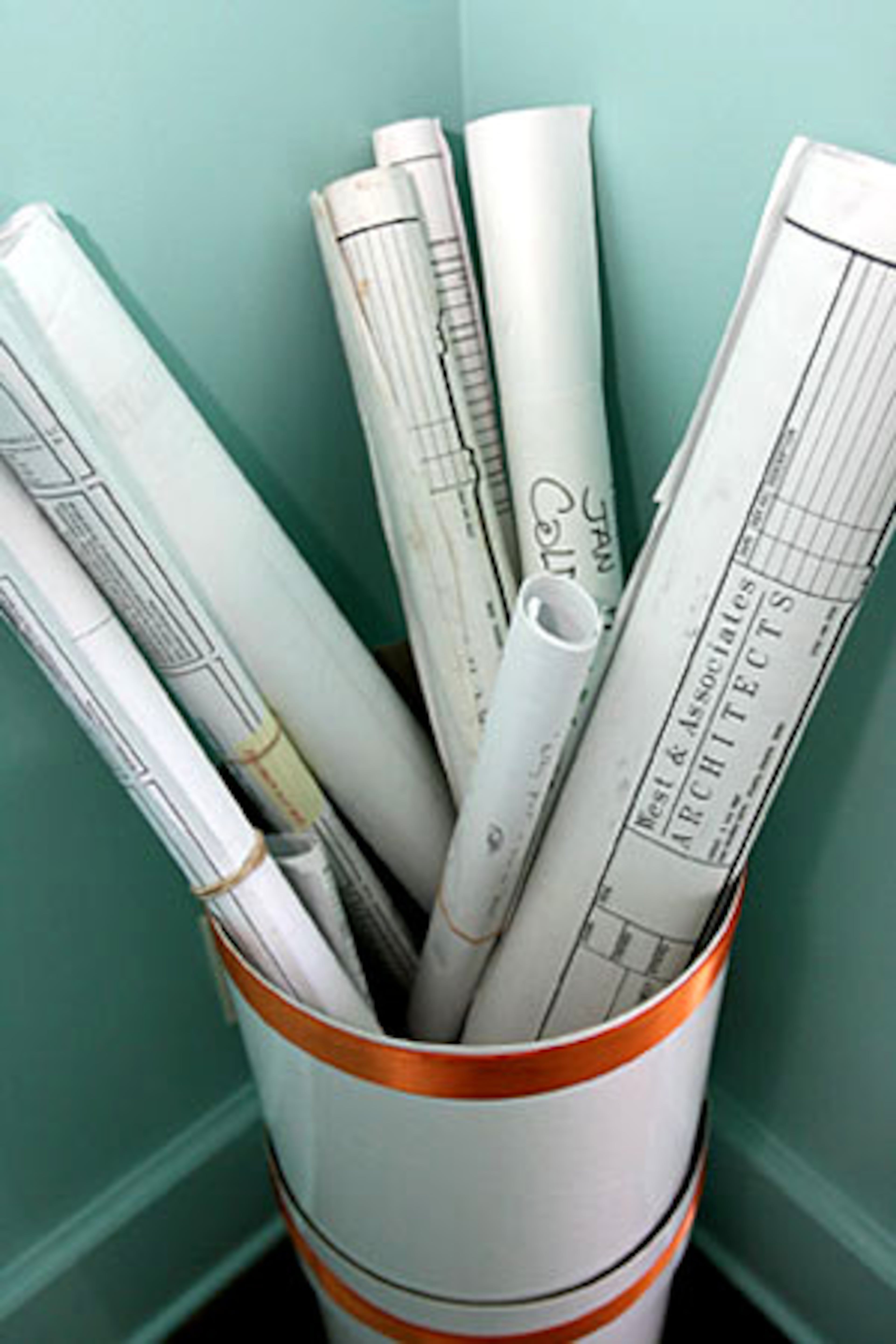 Architectural plans are tucked away in Mandy's office.