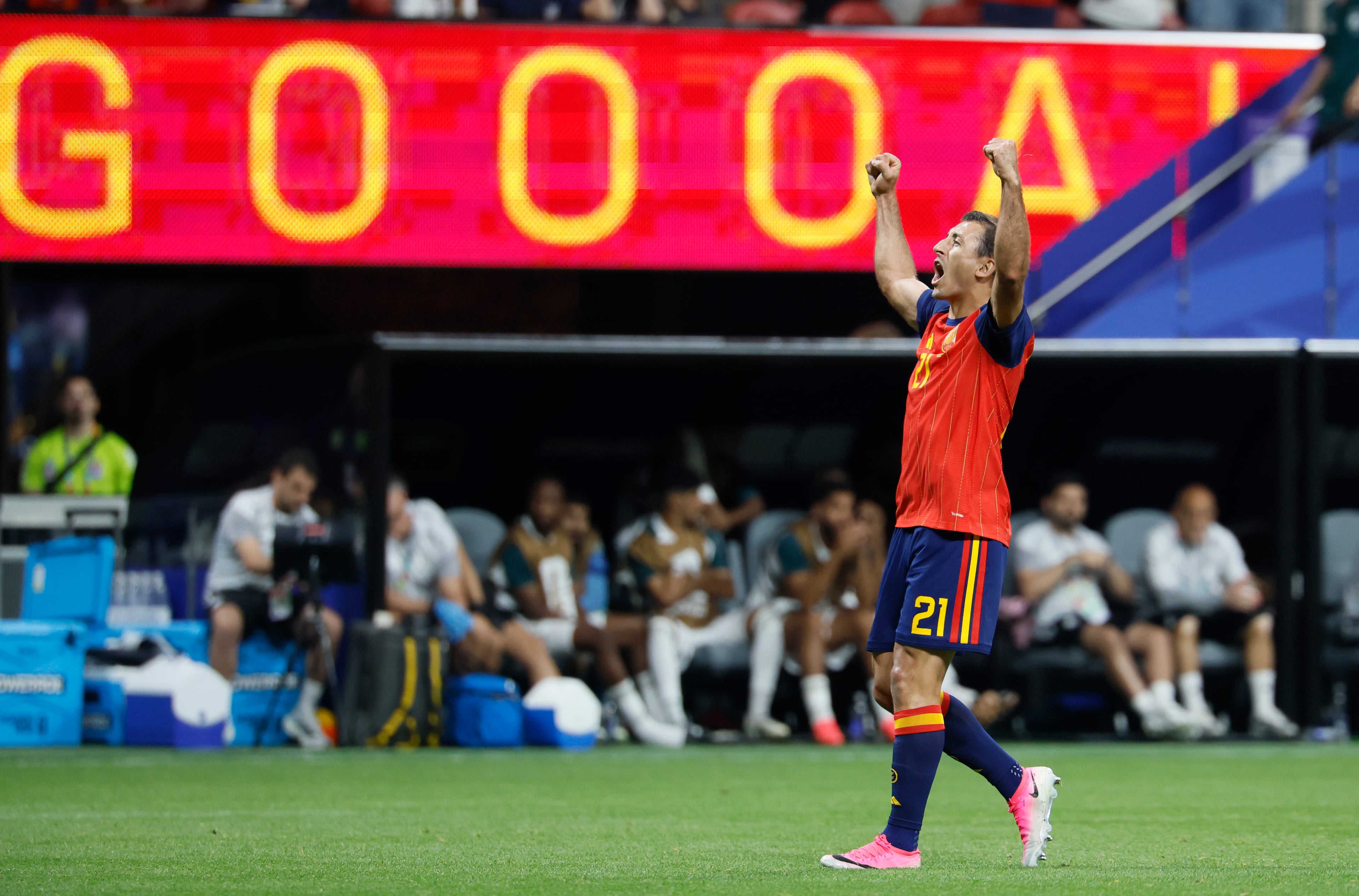 Spain's Mikel Oyarzabal celebrates his second goal during the first half of the Spain vs. SaudI Arabia World Cup match Sunday, June 21, 2026, at Atlanta Stadium. (Miguel Martinez/AJC)