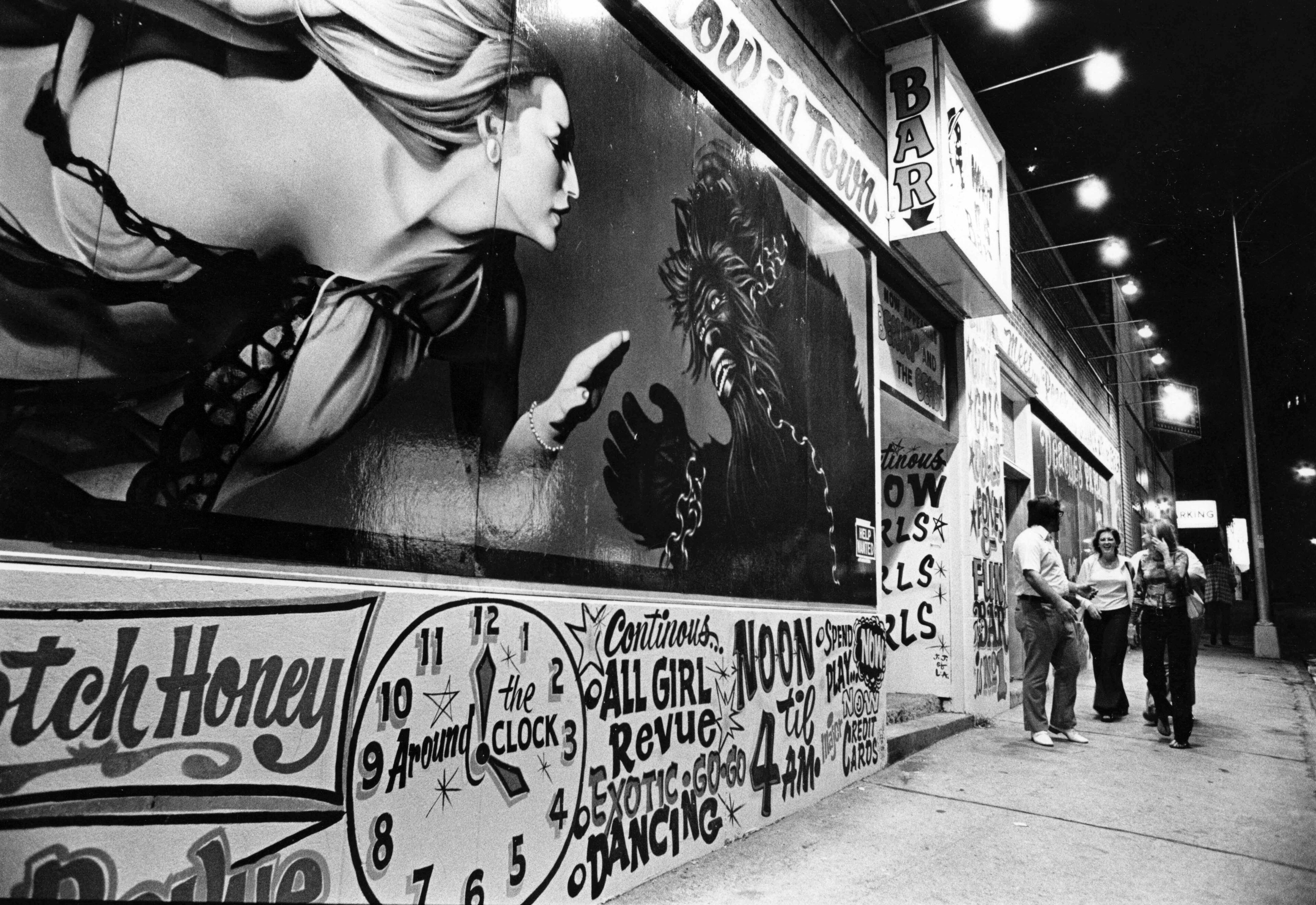 Signage on the exterior of Peaches Parlor showcasing adult entertainment on Nov. 13, 1975.
MANDATORY CREDIT: GEORGE A. CLARK / THE ATLANTA JOURNAL-CONSTITUTION