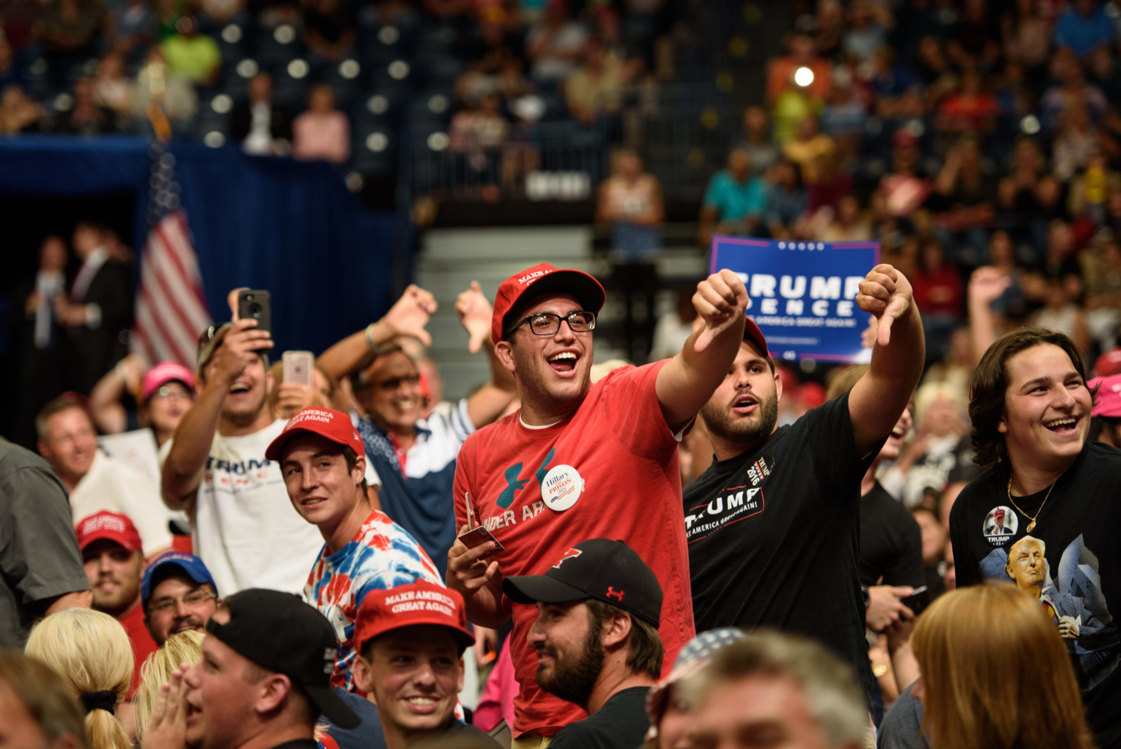 YOUNGSTOWN, OH - JULY 25: Supporters of U.S. President Donald Trump jeer the media at the Covelli Centre on July 25, 2017 in Youngstown, Ohio. The rally coincides with the Senates vote on GOP legislation to repeal and replace the Affordable Care Act. (Photo by Justin Merriman/Getty Images)