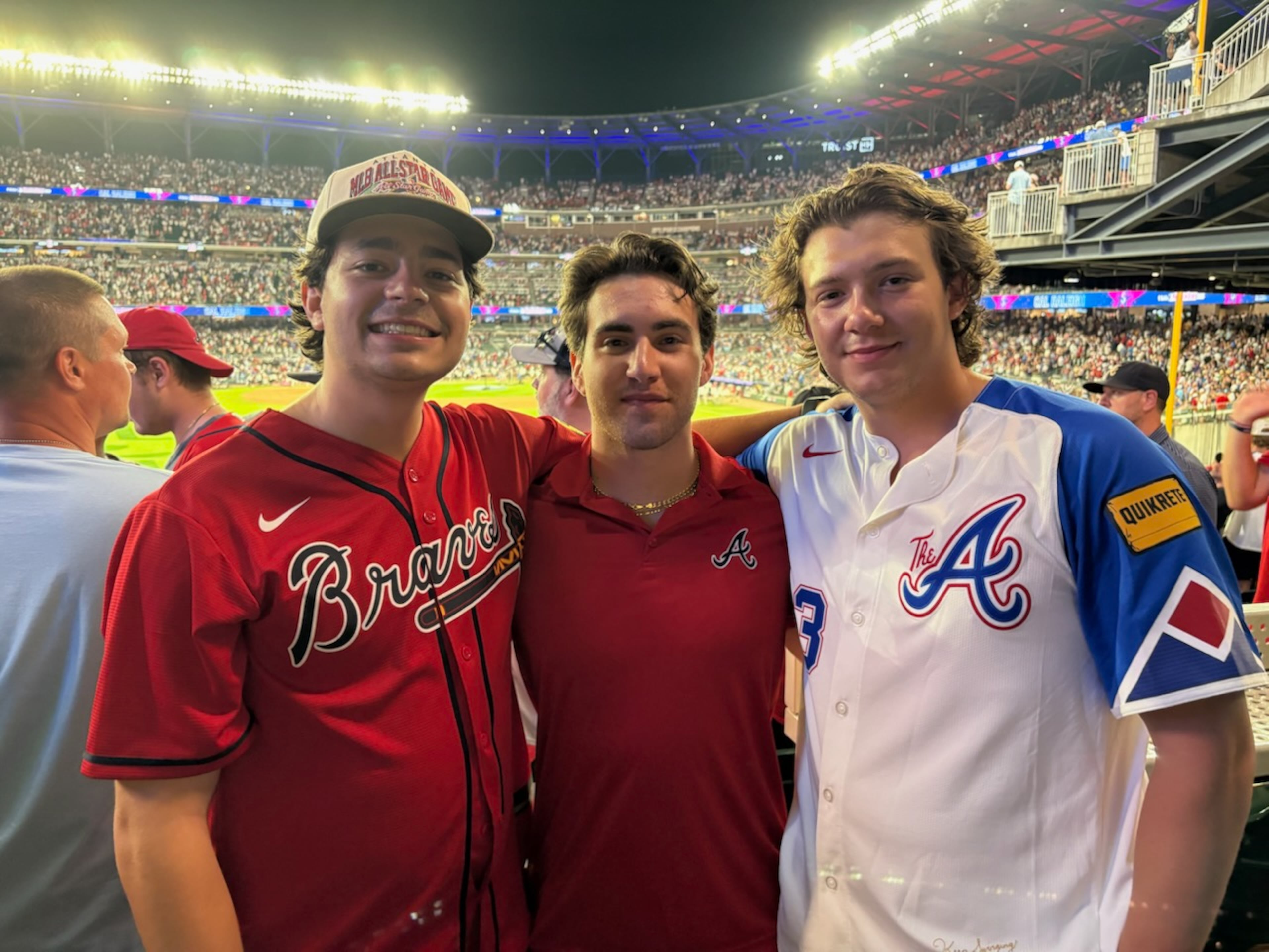 Brothers Cade Nickerson (left) and Zach (right) attend the Home Run Derby with their friend Zeke Strout on Monday, July 14, 2025, at Truist Park in Atlanta. The three were fraternity brothers at Georgia Tech and are all diehard baseball fans. (Ken Sugiura/AJC)