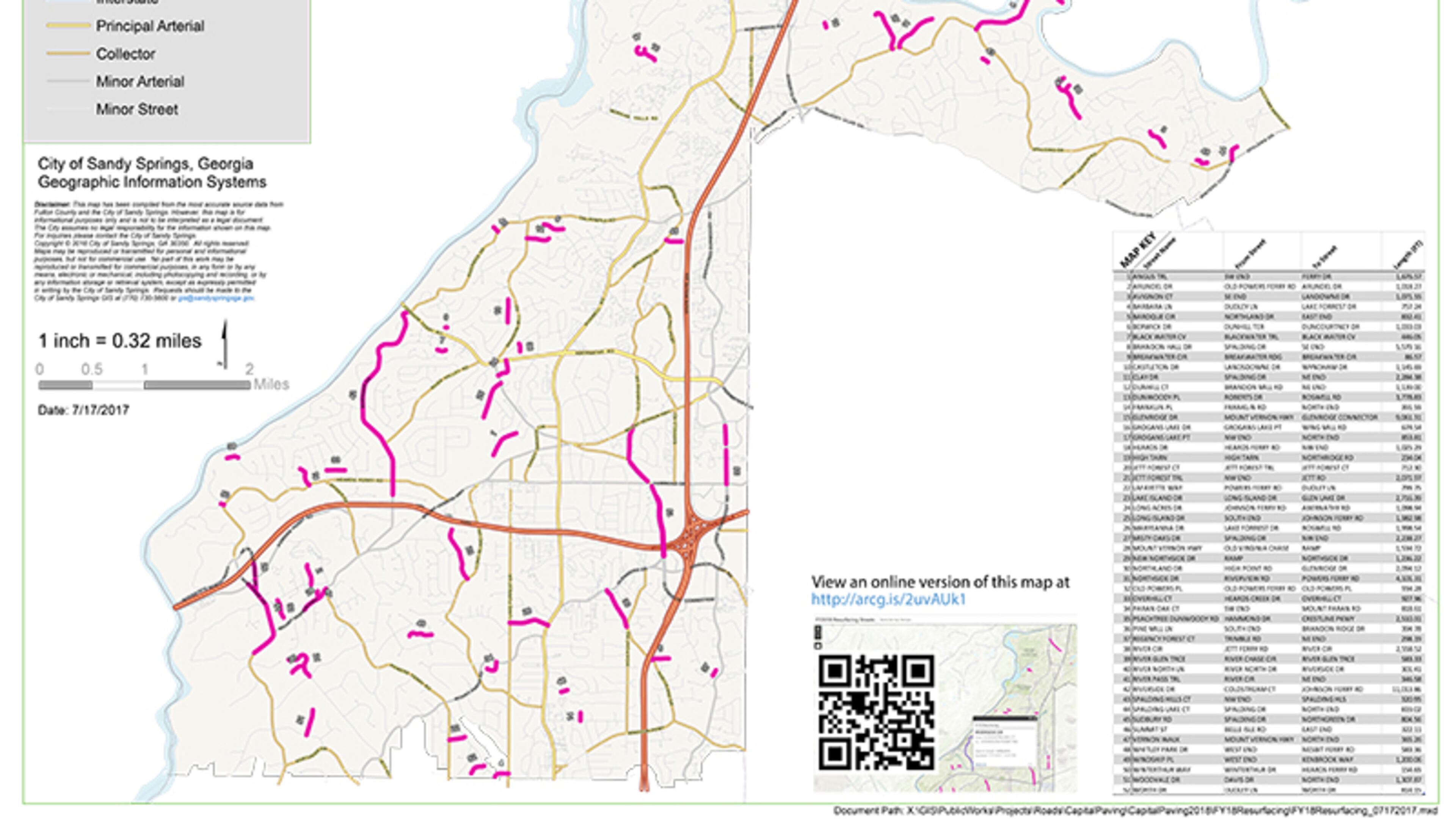 Map depicts the 52 streets slated to be resurfaced in the 2018 fiscal year in Sandy Springs. CITY OF SANDY SPRINGS
