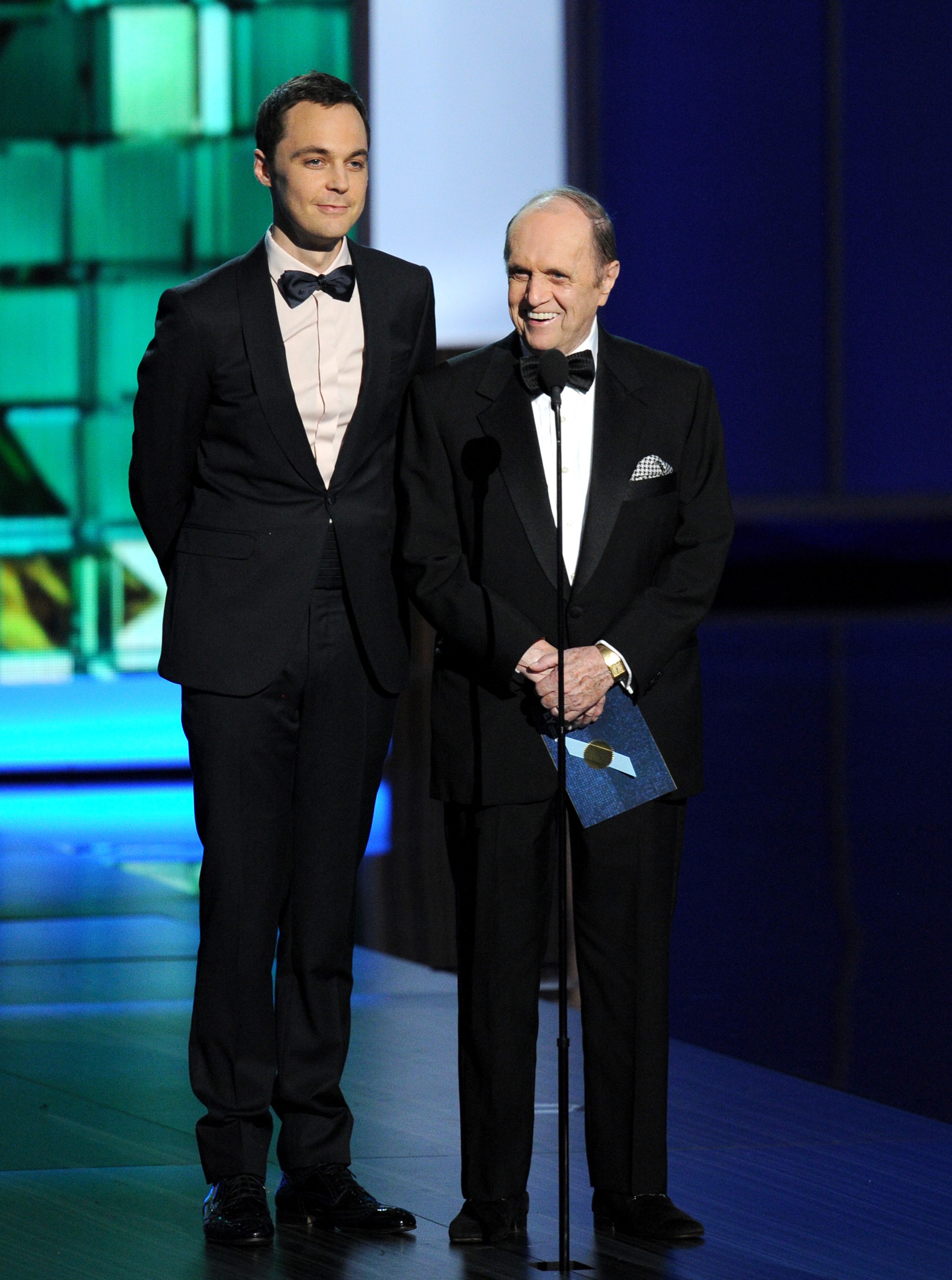 LOS ANGELES, CA - SEPTEMBER 22: Actors Jim Parsons and Bob Newhart speak onstage during the 65th Annual Primetime Emmy Awards held at Nokia Theatre L.A. Live on September 22, 2013 in Los Angeles, California. (Photo by Kevin Winter/Getty Images)