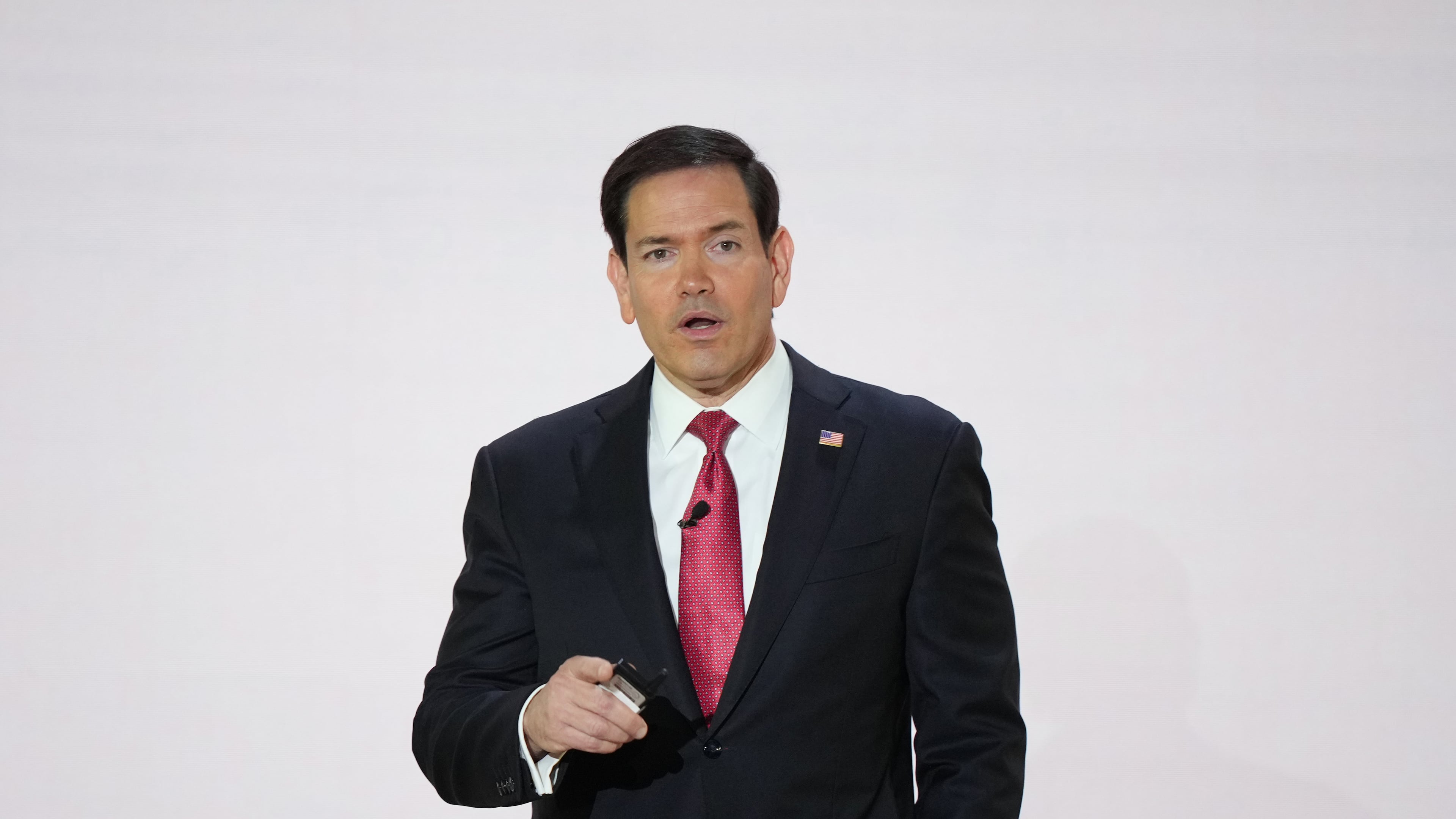 Secretary of State Marco Rubio, addresses members of the audience ahead of President Donald Trump's scheduled remarks at the Andrew W. Mellon Auditorium, Tuesday, Sept. 29, 2026, in Washington. (AP Photo/Mark Schiefelbein)