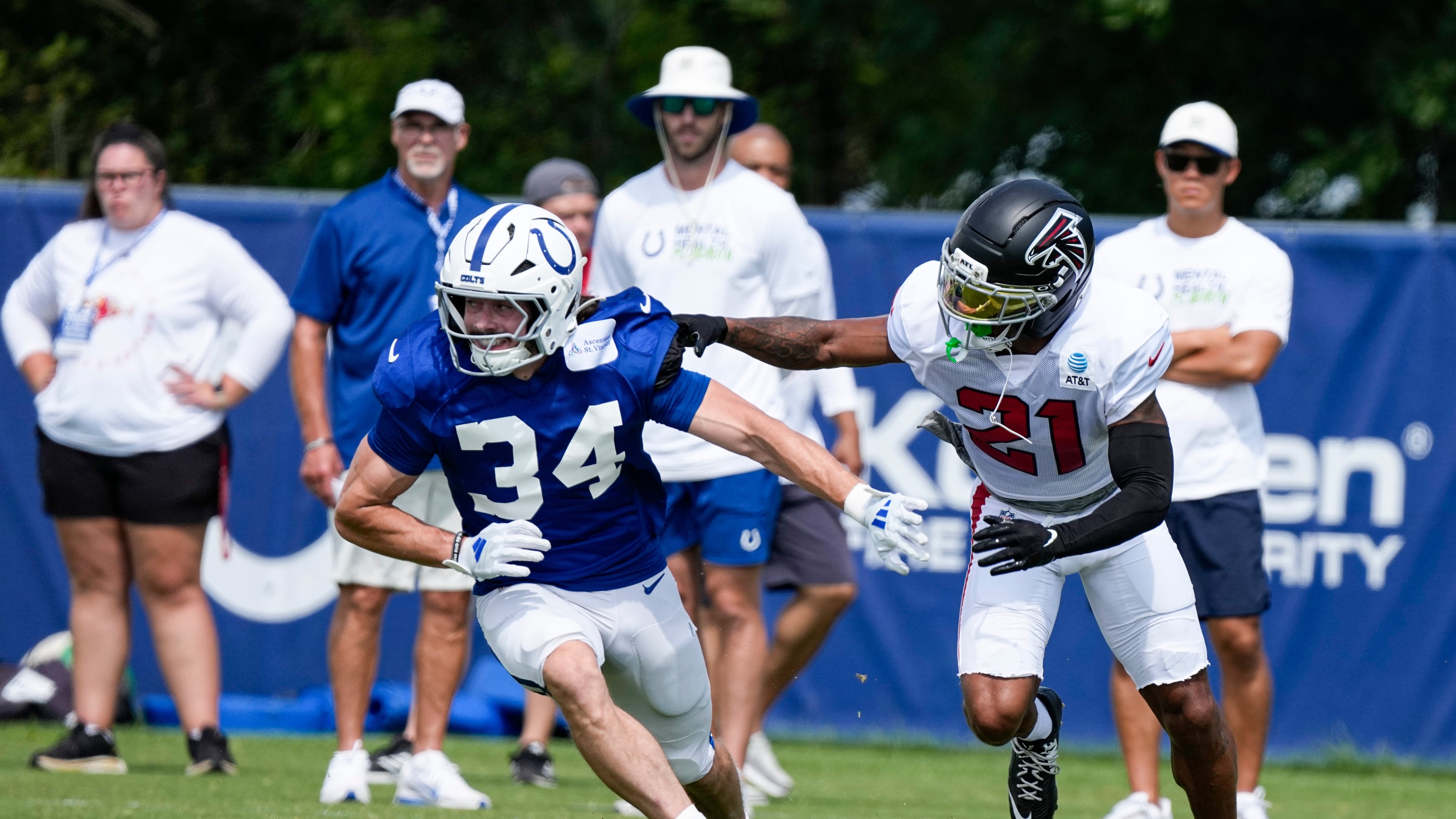 Colts wide receiver Ben Nikkel (left) works against Falcons cornerback Mike Hughes during a joint practice on Wednesday, Aug. 19, 2026, in Westfield, Ind. The two teams will face off at 1 p.m. Saturday at Lucas Oil Stadium. (Michael Conroy/AP)