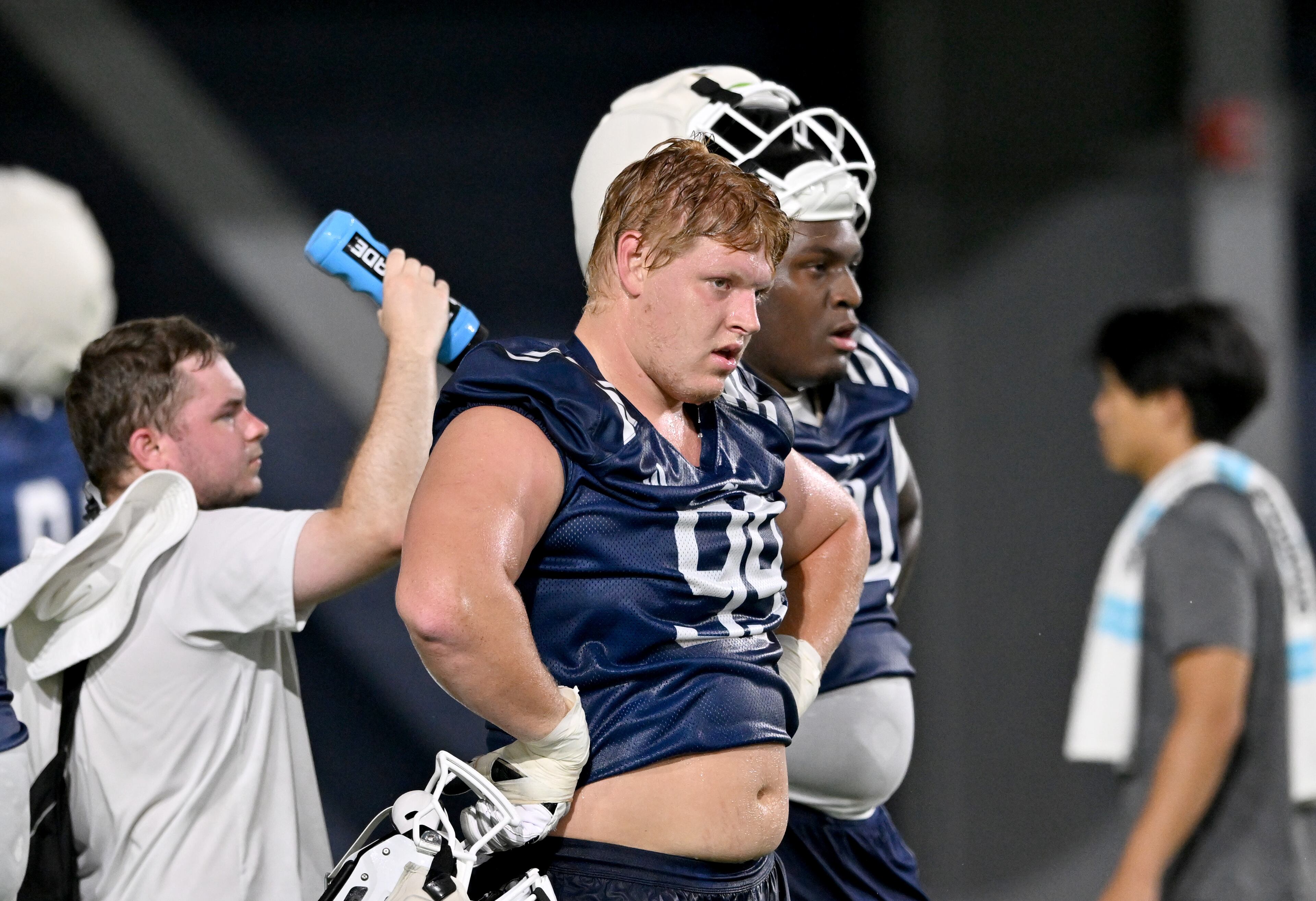 Georgia Tech defensive lineman Jordan van den Berg (99) cools down during the first day of football practice at Rose Bowl Field and the Mary and John Brock Football Practice Facility, Tuesday, July 29, 2025, in Atlanta. (Hyosub Shin / AJC)