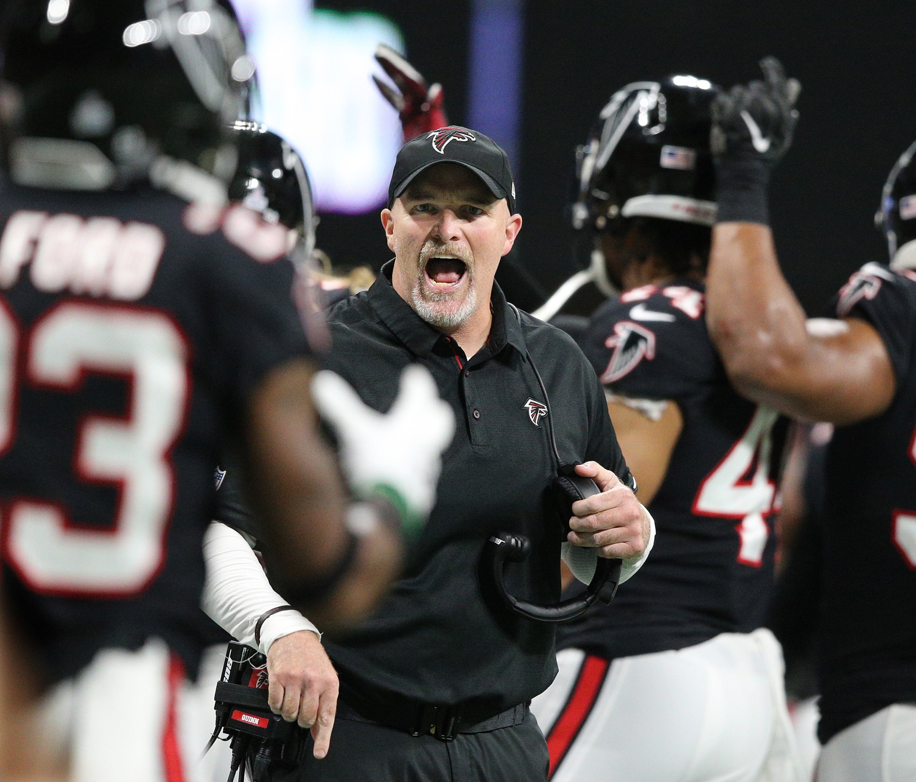 October 22, 2018 Atlanta: Atlanta Falcons head coach Dan Quinn reacts after his defense held the New York Giants on a fourth and one attempt to take over on downs during the third quarter in a NFL football game on Monday, Oct 22, 2018, in Atlanta. Curtis Compton/ccompton@ajc.com