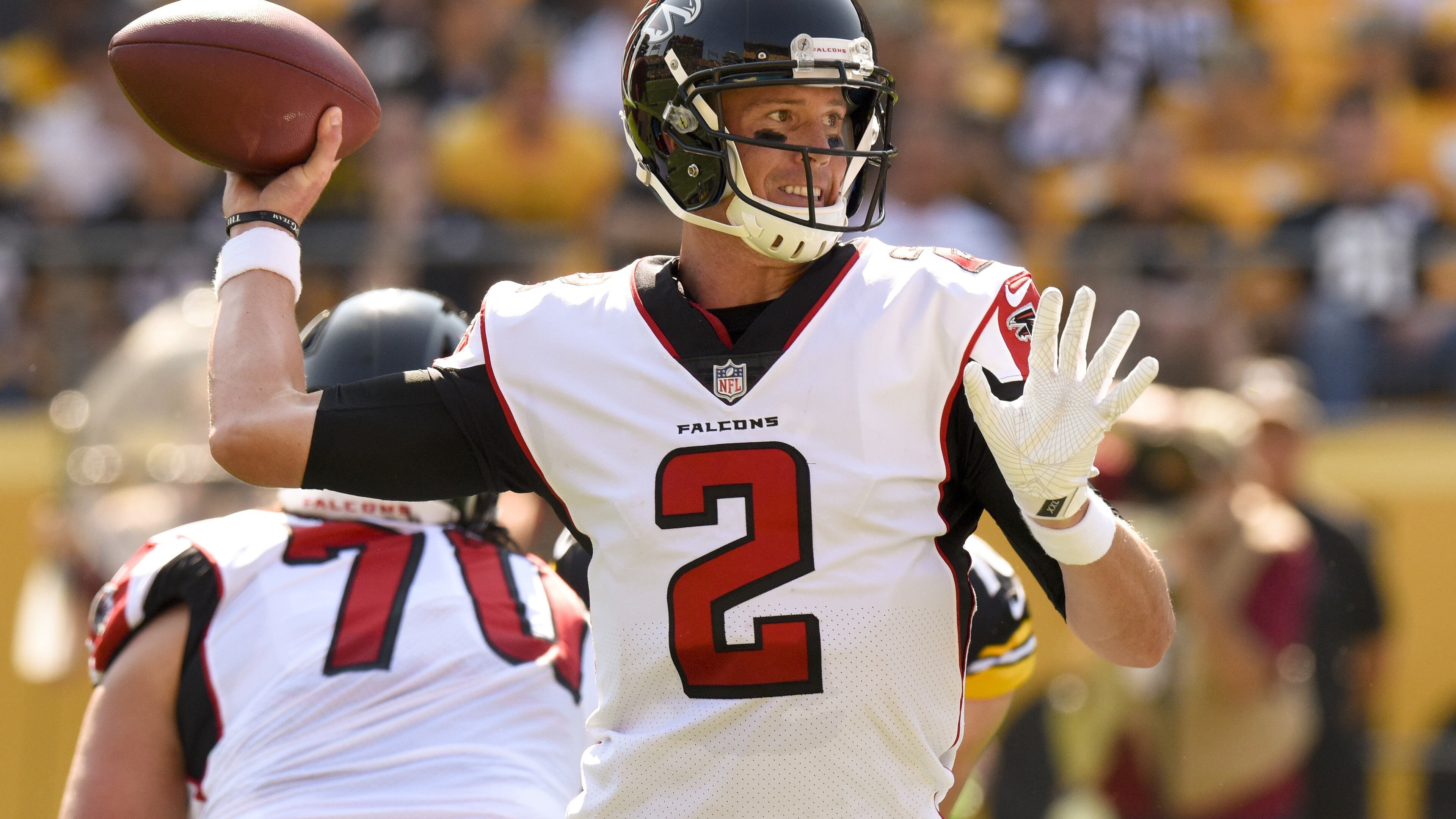 Atlanta Falcons quarterback Matt Ryan (2) passes in the first quarter of an NFL preseason football game against the Pittsburgh Steelers, Sunday, Aug. 20, 2017, in Pittsburgh. (AP Photo/Don Wright)