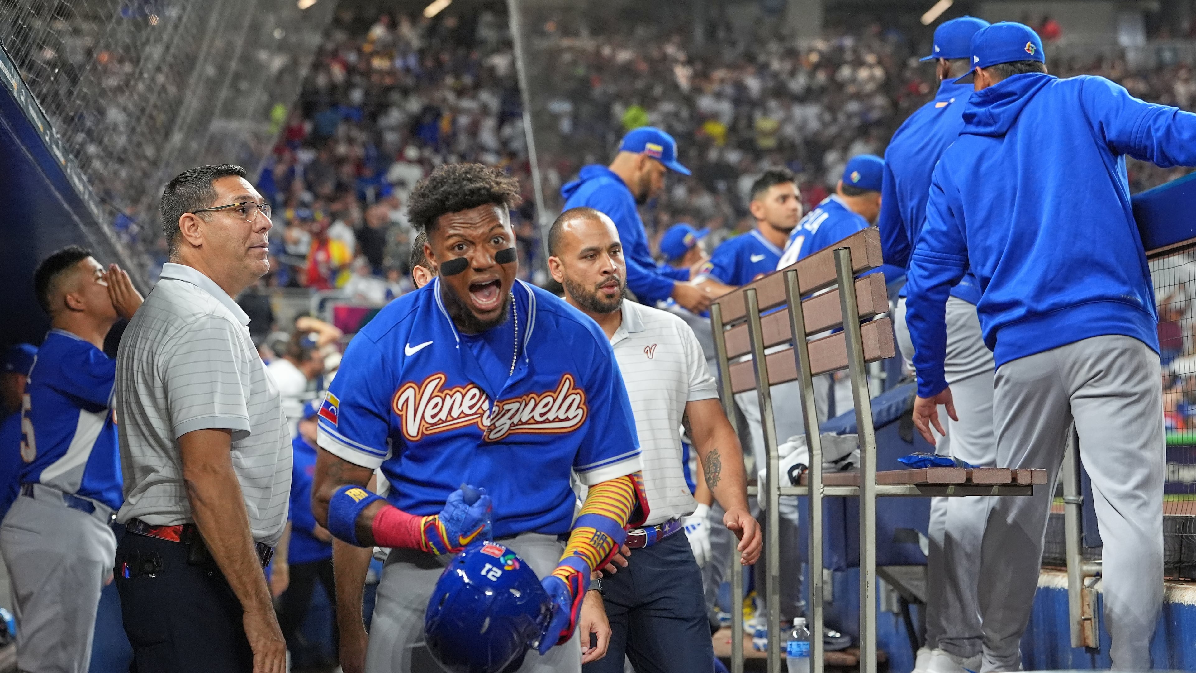 Venezuela's Ronald Acuna Jr. celebrates his home run during the first inning of a World Baseball Classic quarterfinal game, Saturday, March 14, 2026, in Miami. (AP Photo/Lynne Sladky)