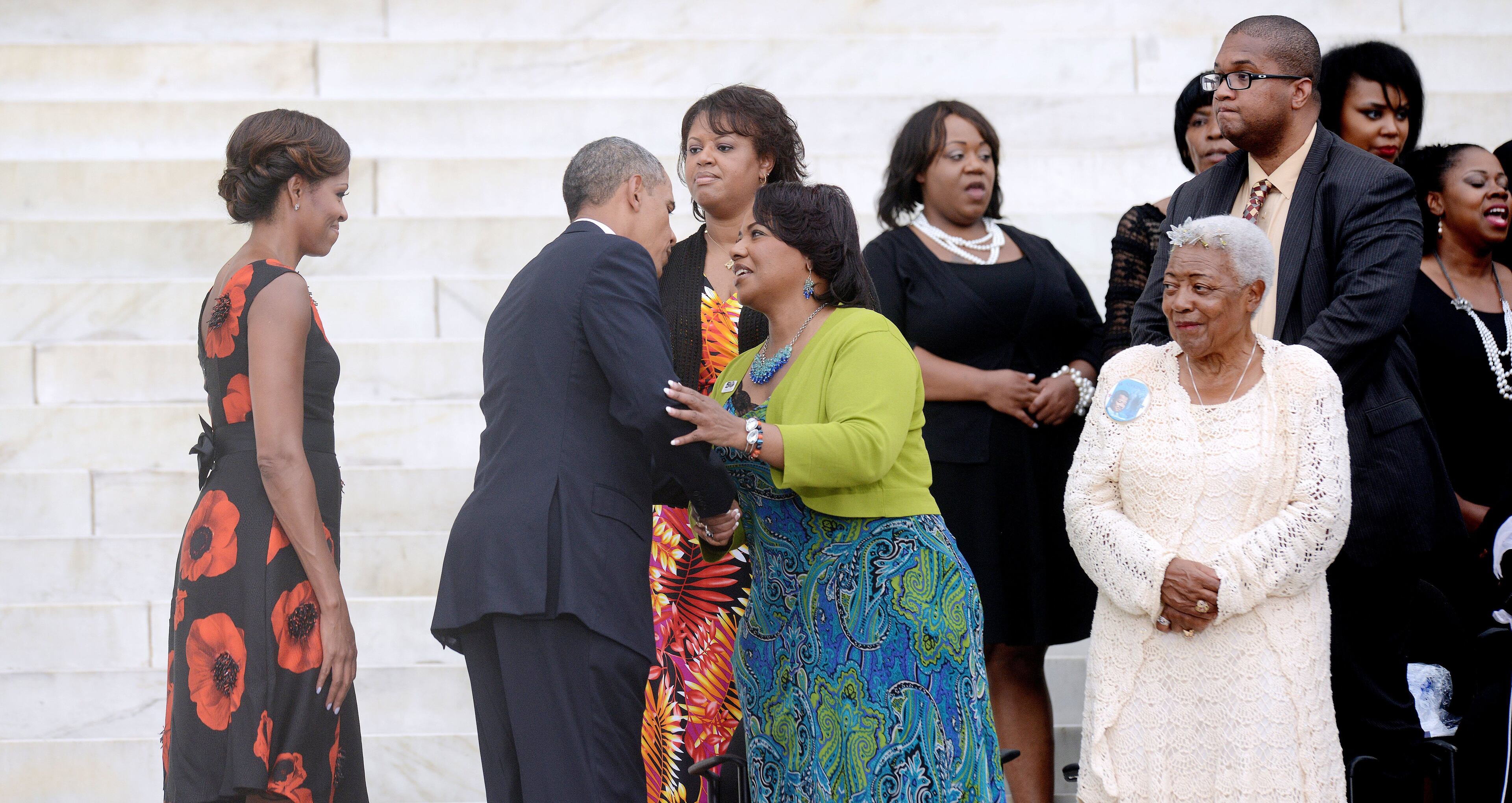 President Barack Obama greets Rev. Bernice King, daughter of Martin Luther King Jr., during the Let Freedom Ring ceremony to commemorate the 50th anniversary of the March on Washington for Jobs and Freedom at the Lincoln Memorial in Washington, D.C., Wednesday, August 28, 2013. (Olivier Douliery/Abaca Press/MCT)