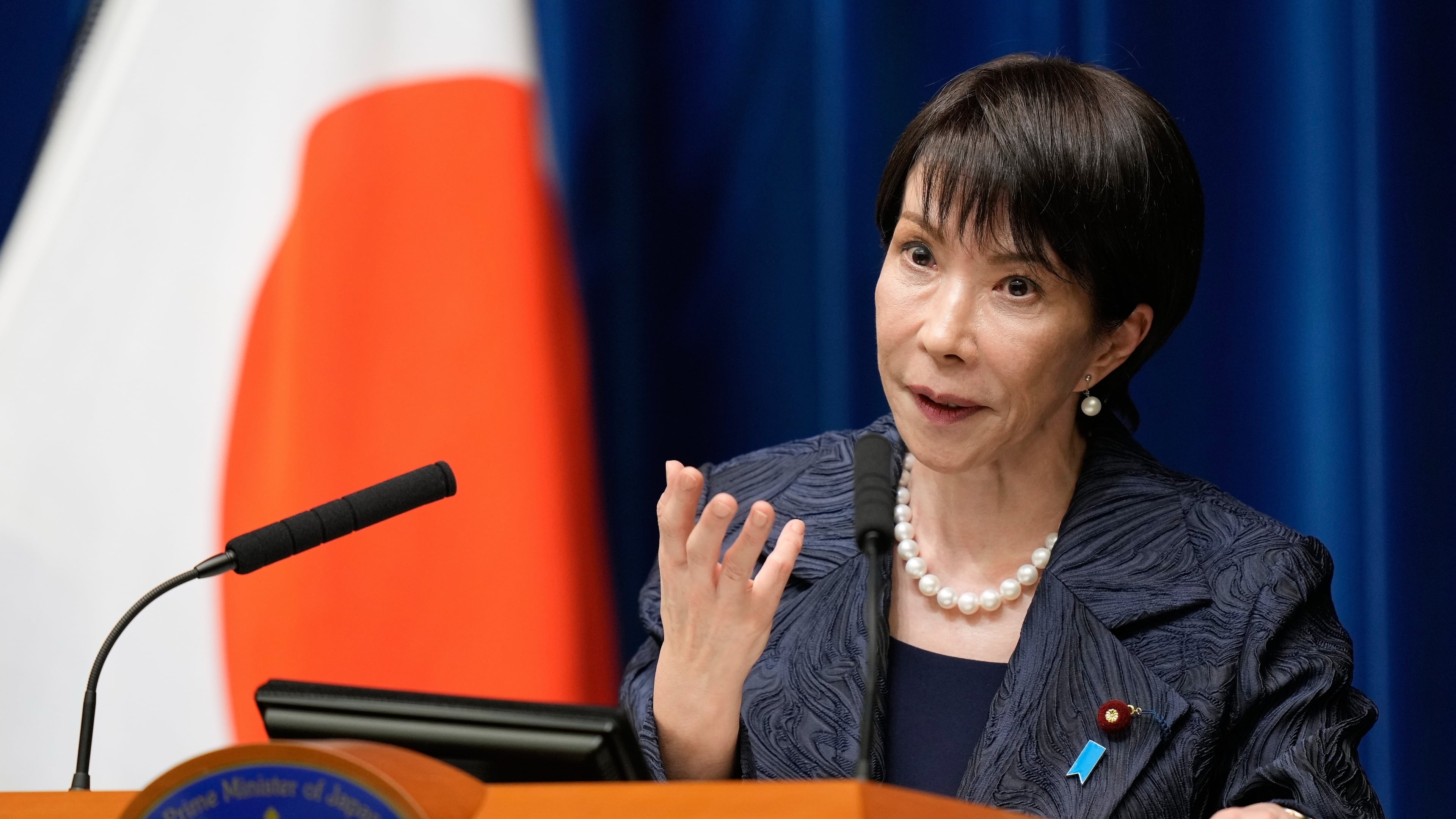 FILE - Japan's Prime Minister Sanae Takaichi speaks during a news conference at the prime minister's office in Tokyo, Oct. 21, 2025. (AP Photo/Eugene Hoshiko, Pool, File)