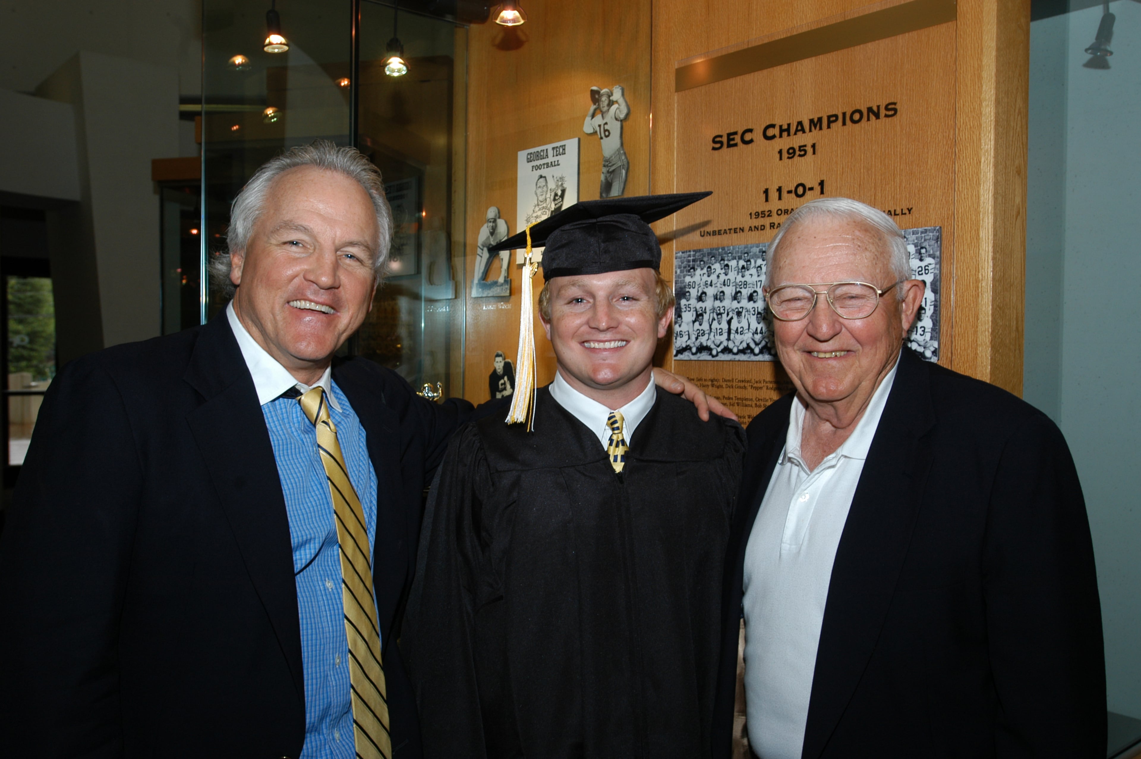 Randy Rhino, who played at Tech from 1972-74, with his son, Kelley Rhino (middle), who played at Tech from 1999-2002; and his father, Chappell Rhino (left), who played at Tech from 1950-52. The men gathered on Kelley's graduation day. Kelley Rhino is Tech's all-time leader in punt-return yardage, and Randy ranks second.