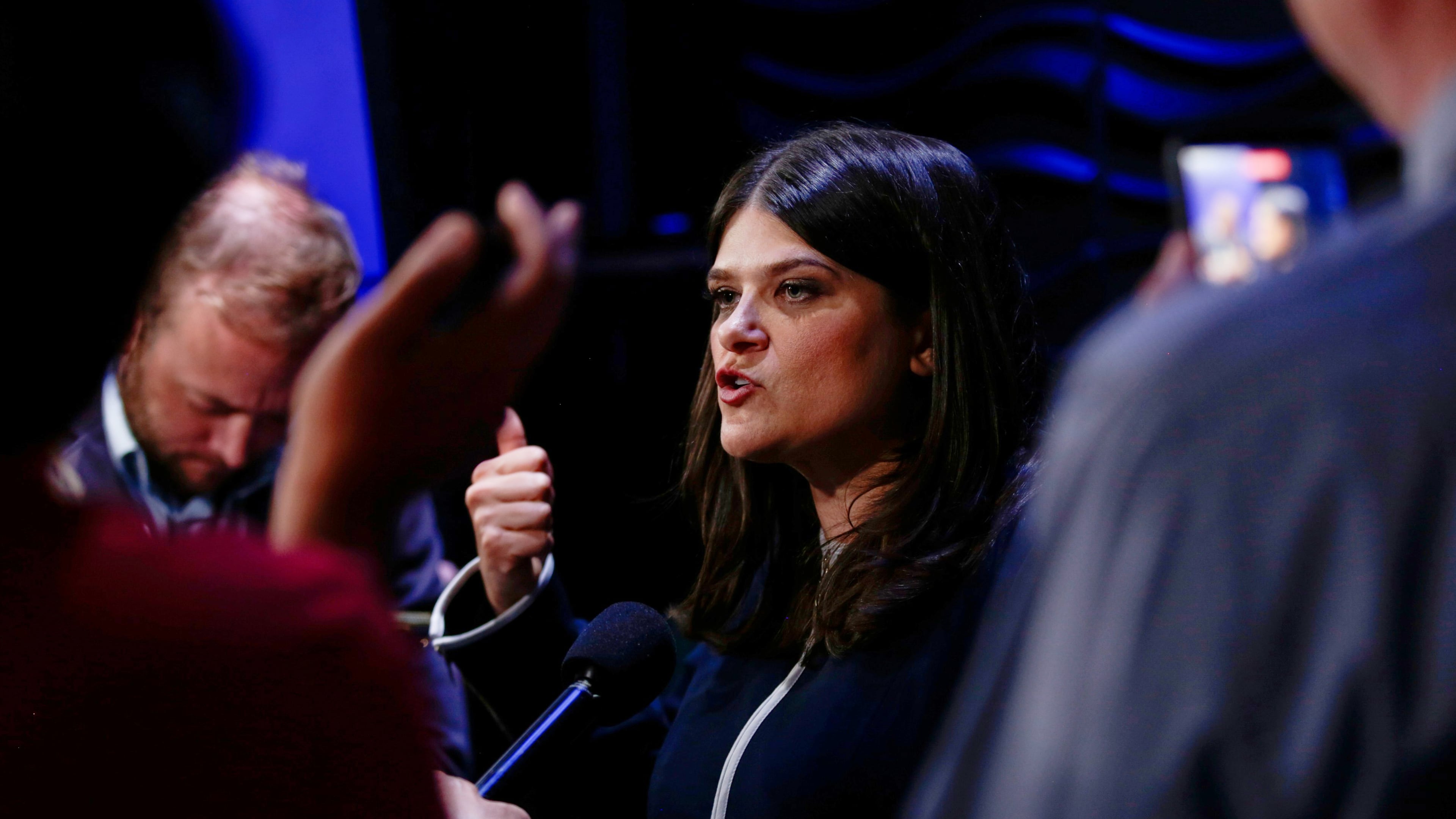 Michigan U.S. Sen candidate, Rep. Haley Stevens, D-Mich., speaks with media after a debate at WoodTV studios on Tuesday, July 7, 2026, in Grand Rapids, Mich. (AP Photo/Kristen Norman)