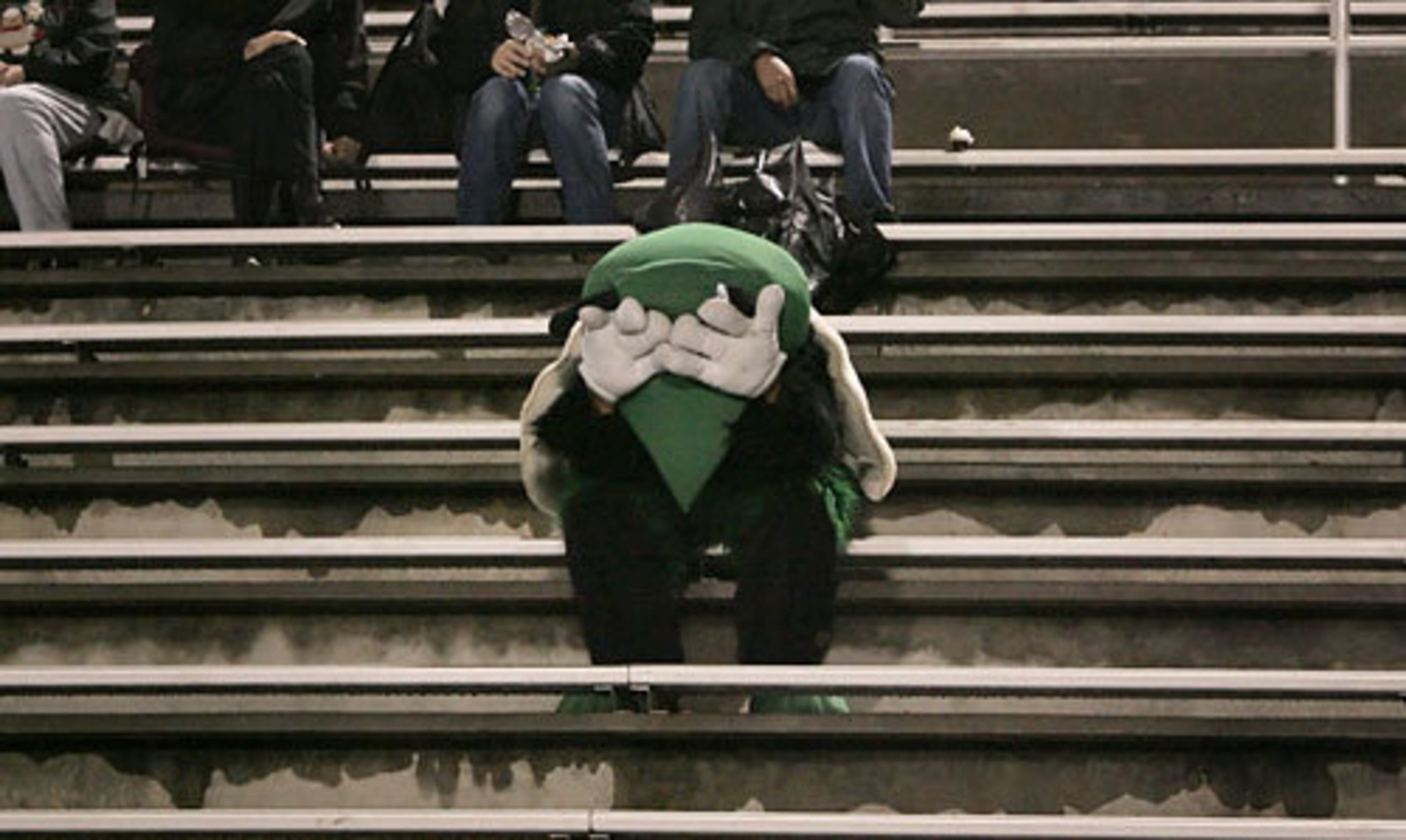 The Roswell Hornets mascot laments an early West Forsyth touchdown just minutes after the game began.