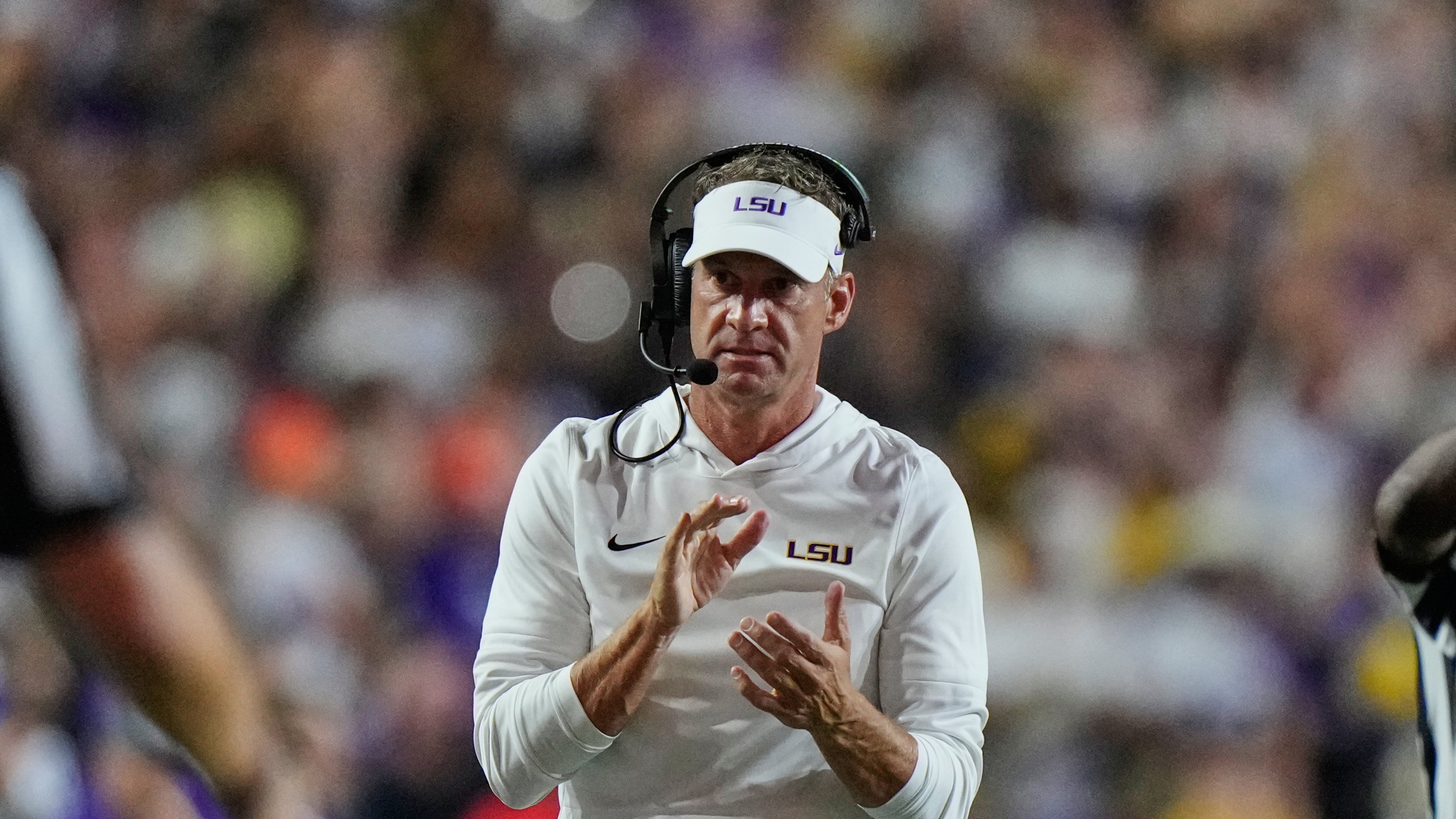 LSU head coach Lane Kiffin reacts in the first half of an NCAA college football game against Clemson, Saturday, Sept. 5, 2026 in Baton Rouge, La. (AP Photo/Gerald Herbert)