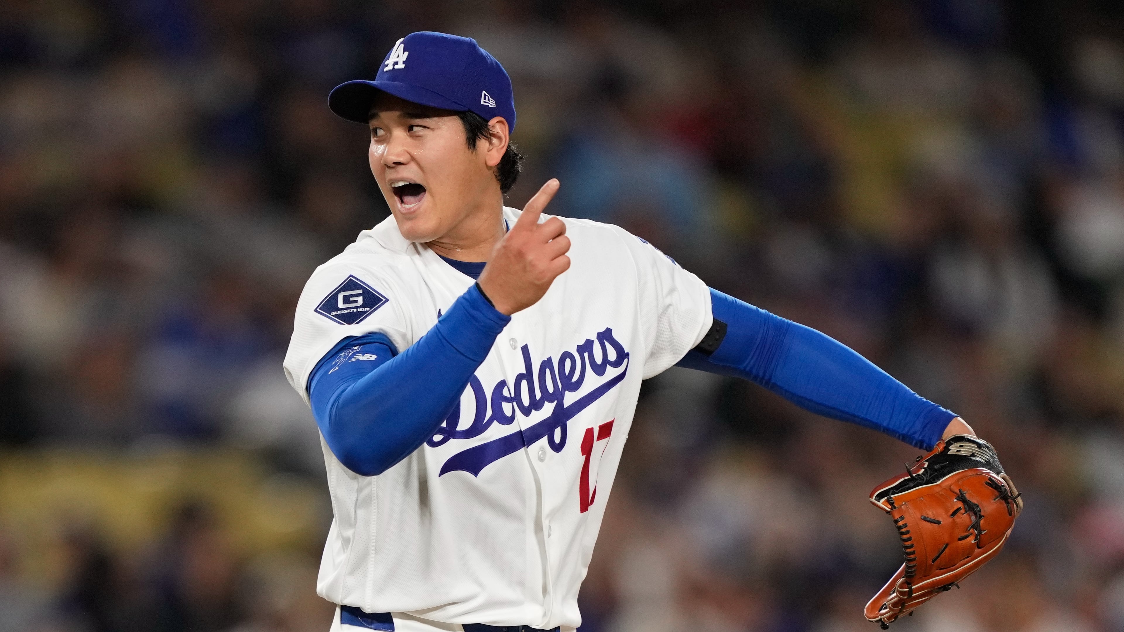 Los Angeles Dodgers starting pitcher Shohei Ohtani reacts after striking out Miami Marlins' Agustin Ramirez during the fifth inning of a baseball game Tuesday, April 28, 2026, in Los Angeles. (AP Photo/Mark J. Terrill)