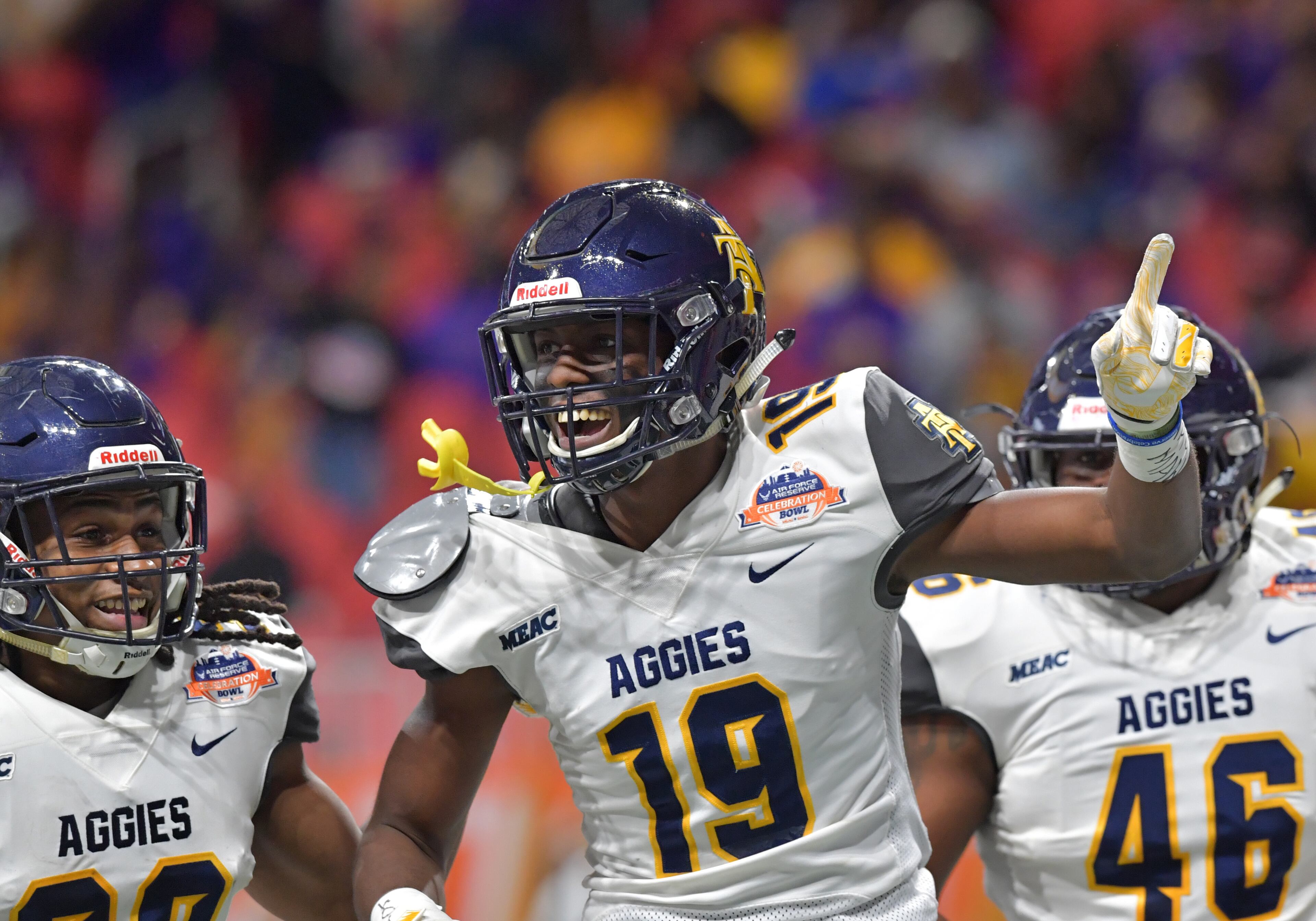 December 15, 2018 Atlanta - North Carolina A&T wide receiver Zachary Leslie (19) celebrates after he scored a touchdown during the first half of the 2018 Celebration Bowl at Mercedes-Benz Stadium on Saturday, December 15, 2018. HYOSUB SHIN / HSHIN@AJC.COM