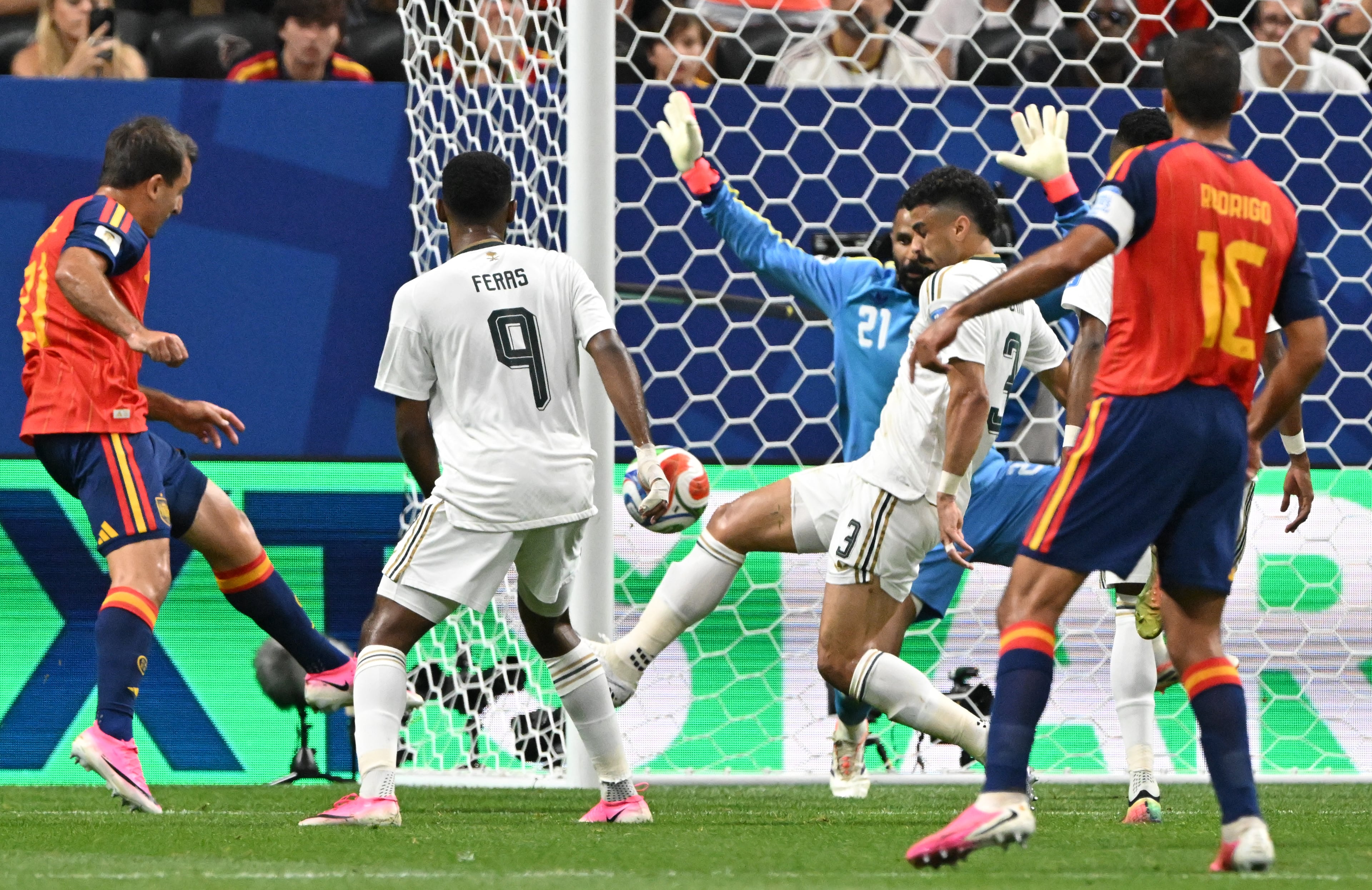 Spain's Mikel Oyarzabal (left) scores his first goal during the first half of the Spain vs. Saudi Arabia World Cup match Sunday, June 21, 2026, at Atlanta Stadium. (Hyosub Shin/AJC)