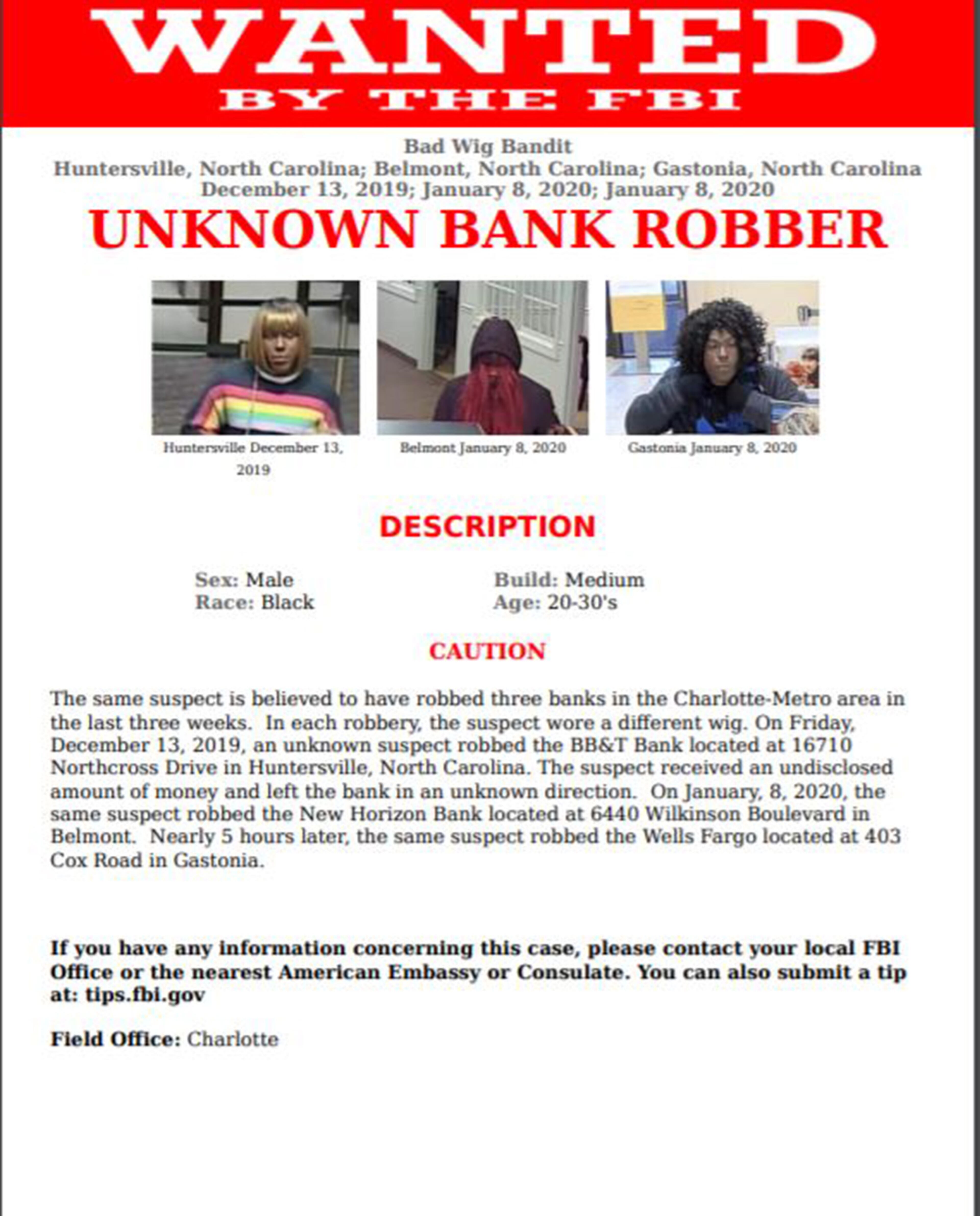 The wanted poster for the "Bad Wig Bandit."