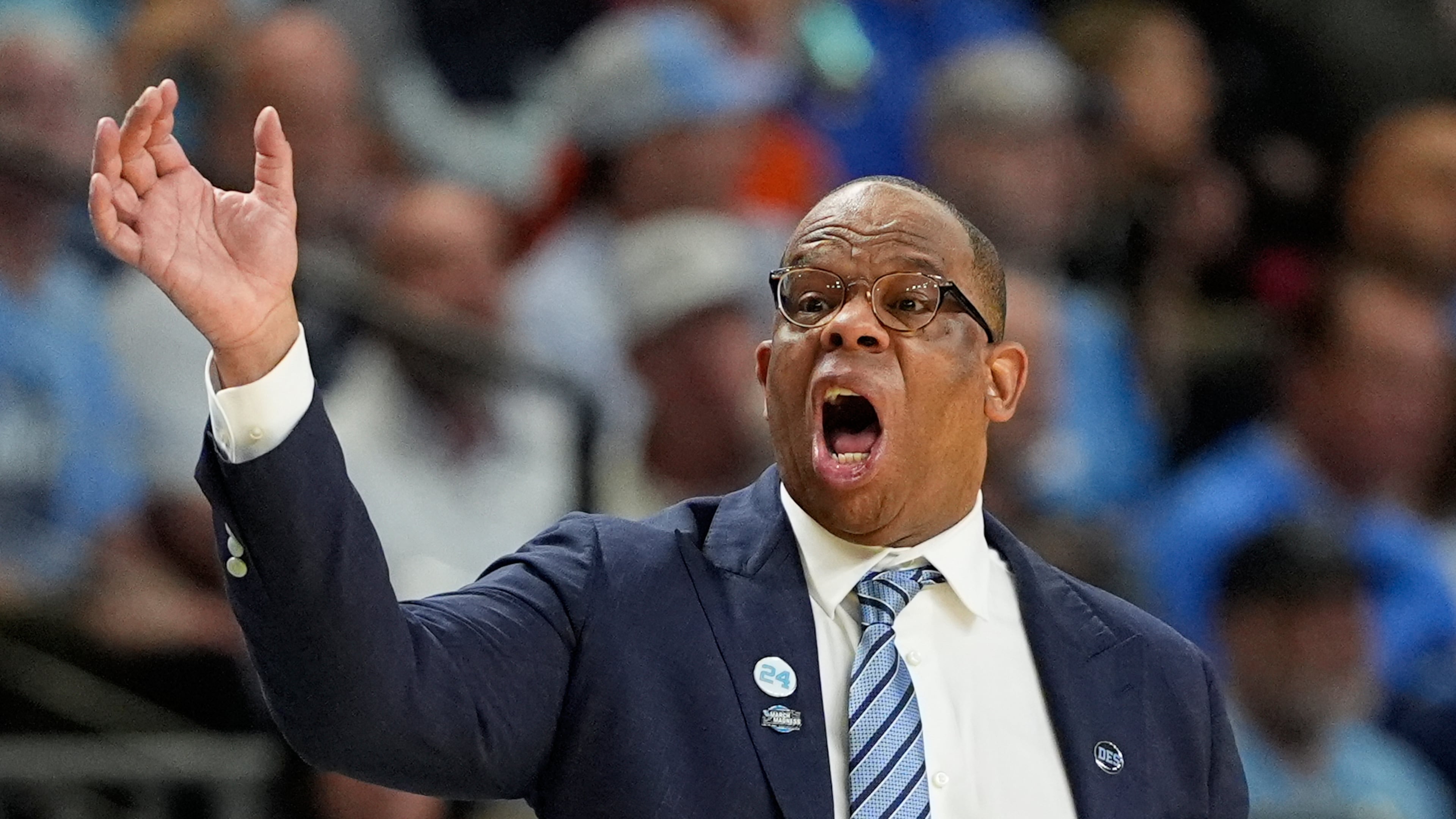North Carolina head coach Hubert Davis yells during the second half against VCU in the first round of the NCAA college basketball tournament, Thursday, March 19, 2026, in Greenville, S.C. (AP Photo/Chris Carlson)