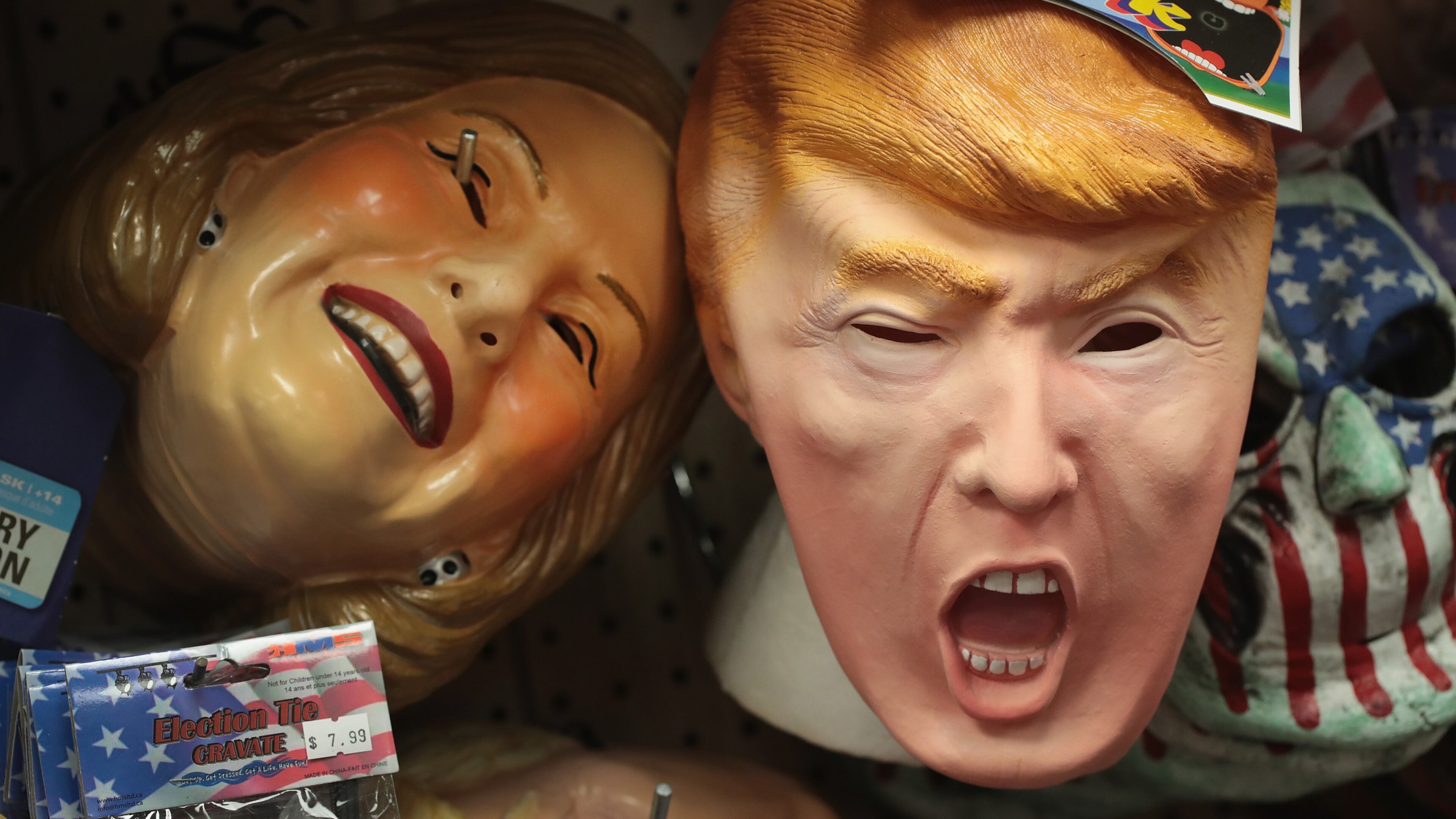 CHICAGO, IL - OCTOBER 19: Masks depicting Republican presidential nominee Donald Trump and Democratic presidential nominee Hillary Clinton are offered for sale at Fantasy Costumes on October 19, 2016 in Chicago, Illinois. (Photo by Scott Olson/Getty Images)