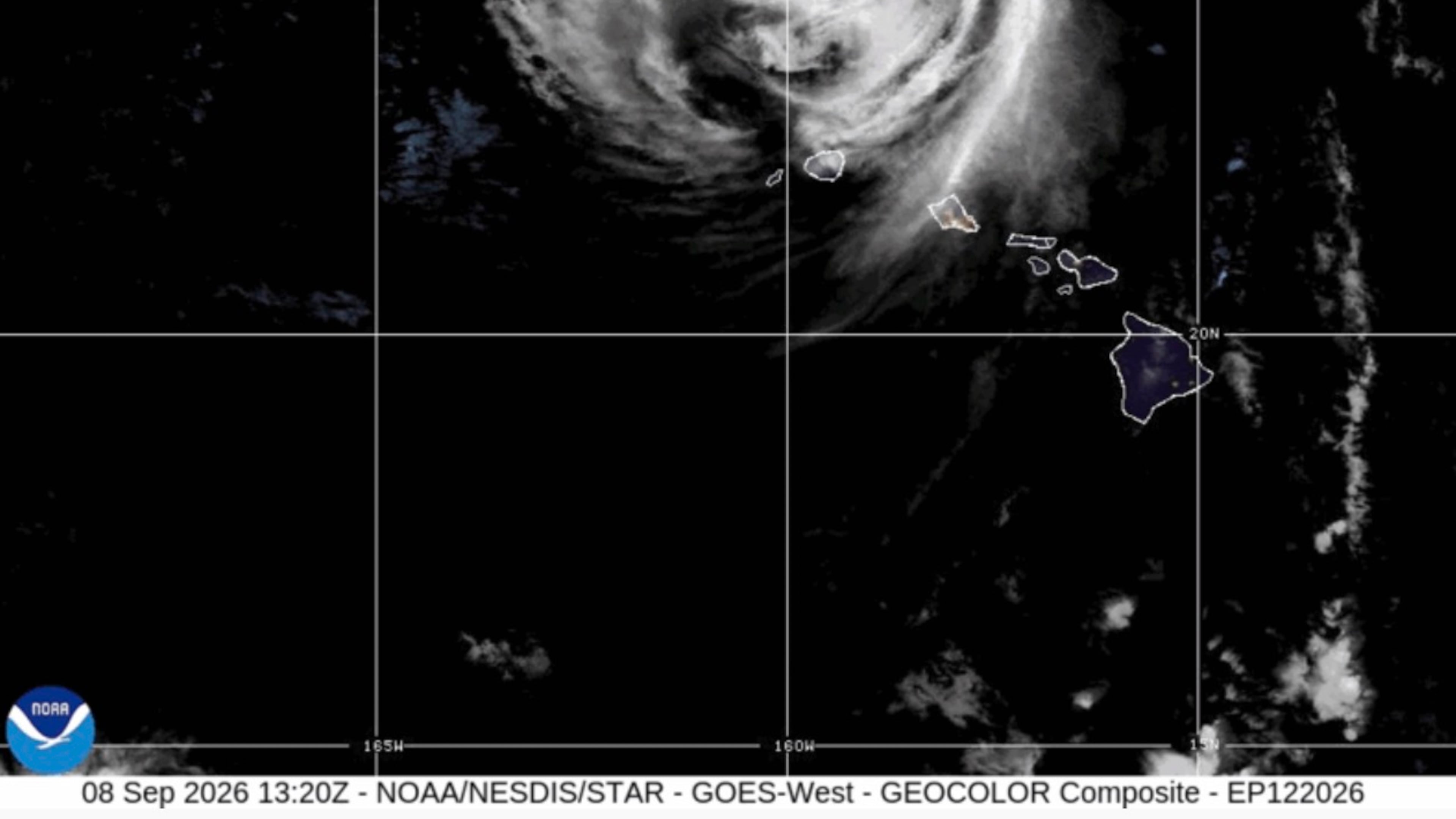This satellite image provided by NOAA shows Hurricane Lowell near Hawaii on Tuesday, Sept. 8, 2026. (NOAA via AP)