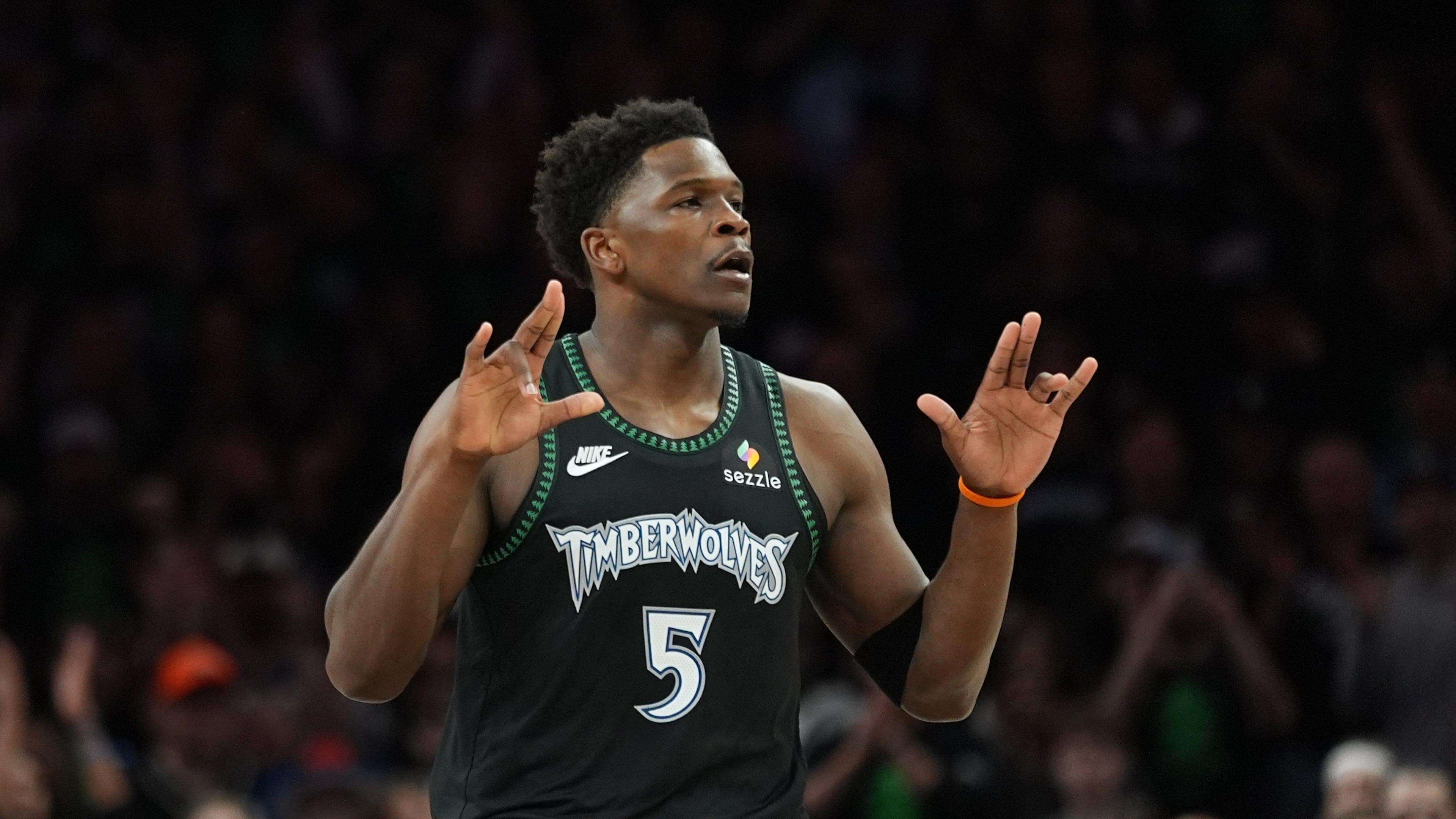 Minnesota Timberwolves guard Anthony Edwards reacts after scoring against the San Antonio Spurs during the first half of Game 4 of an NBA basketball second-round playoffs series in Minneapolis, Sunday, May 10, 2026. (AP Photo/Abbie Parr)