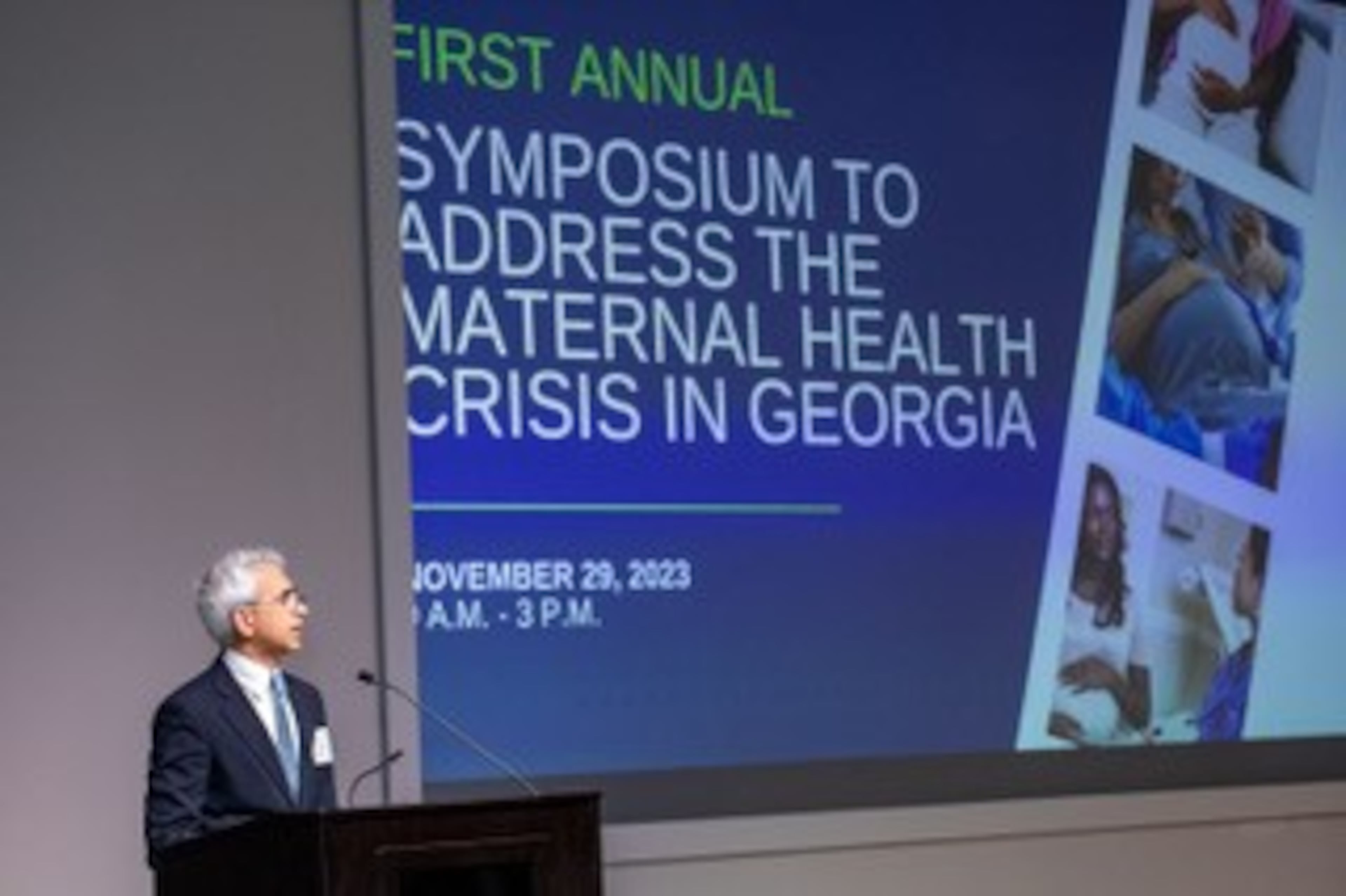 Maternal health leaders and workers in Georgia and elsewhere convened at an Emory University conference on maternal mortality at the Emory Conference Center Hotel on Wednesday, Nov. 29, 2023. Georgia Commissioner of Public Health Dr. Kathleen Toomey gave the keynote address. Dr. Ravi Thadhani, executive vice president for health affairs at Emory University, seen here in this photo, acted as host. Daniele Fallin, the dean of public health at Emory's Rollins School of Public Health, gave closing remarks. (PHOTO courtesy of Emory University, by Jenni Girtman)