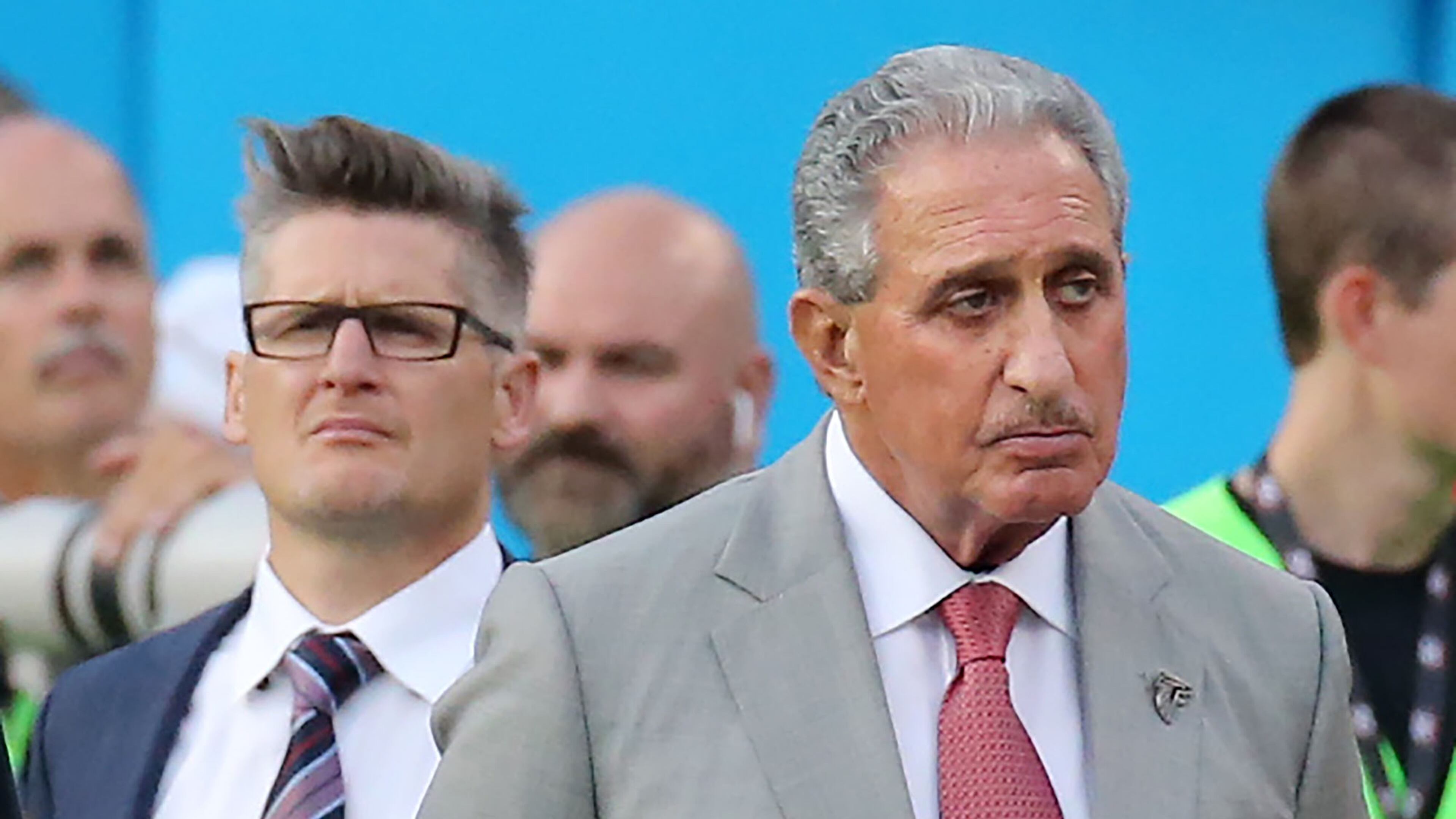 Falcons general manager Thomas Dimitroff and owner Arthur Blank on the sideline during a 38-0 loss to the Panthers on Sunday, Dec. 13, 2015, in Charlotte. (Curtis Compton/ccompton@ajc.com)