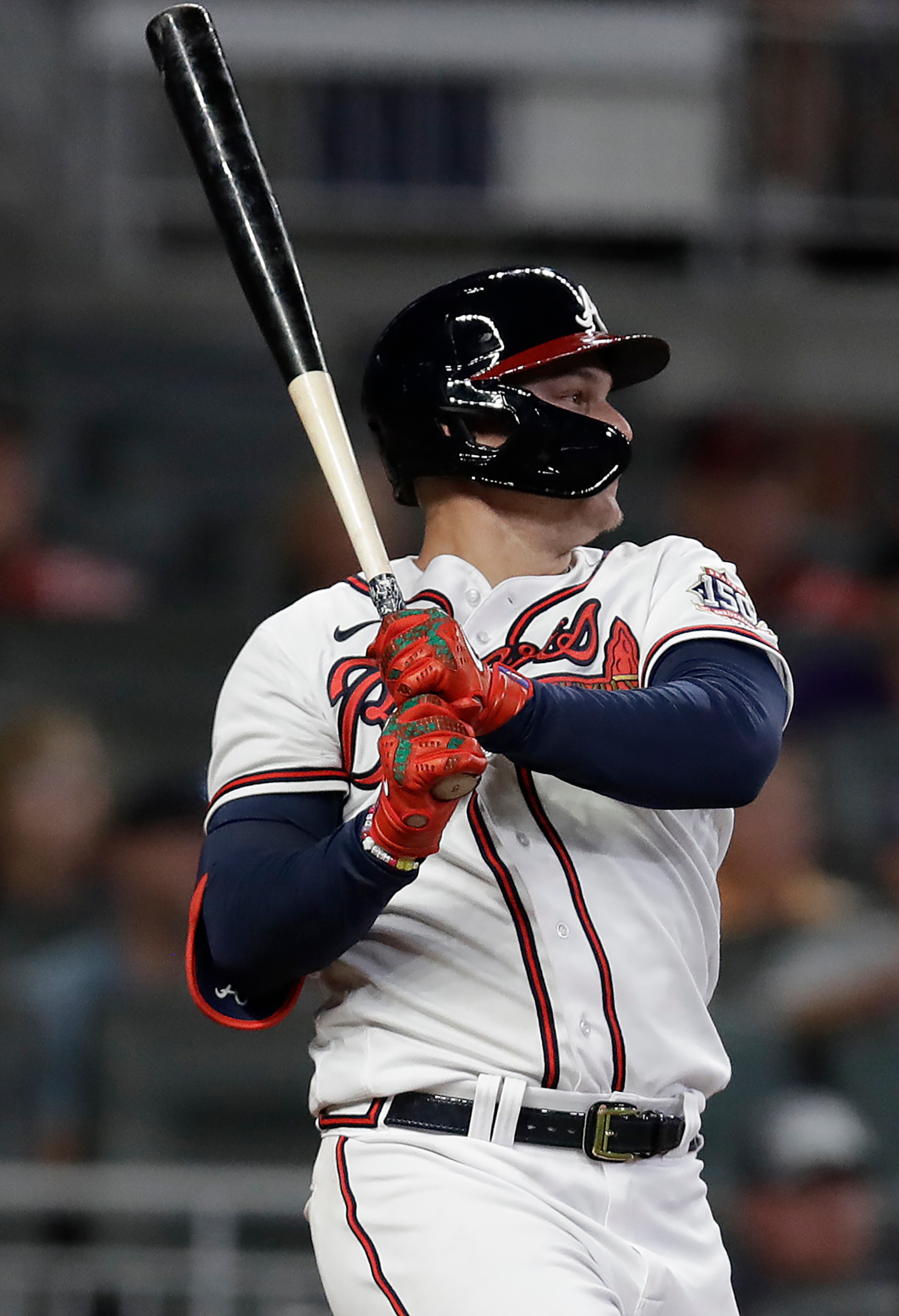 Atlanta Braves' Joc Pederson watches his game winning hit against the Washington Nationals in the tenth inning of a baseball game Thursday, Sept. 9, 2021, in Atlanta. (AP Photo/Ben Margot)