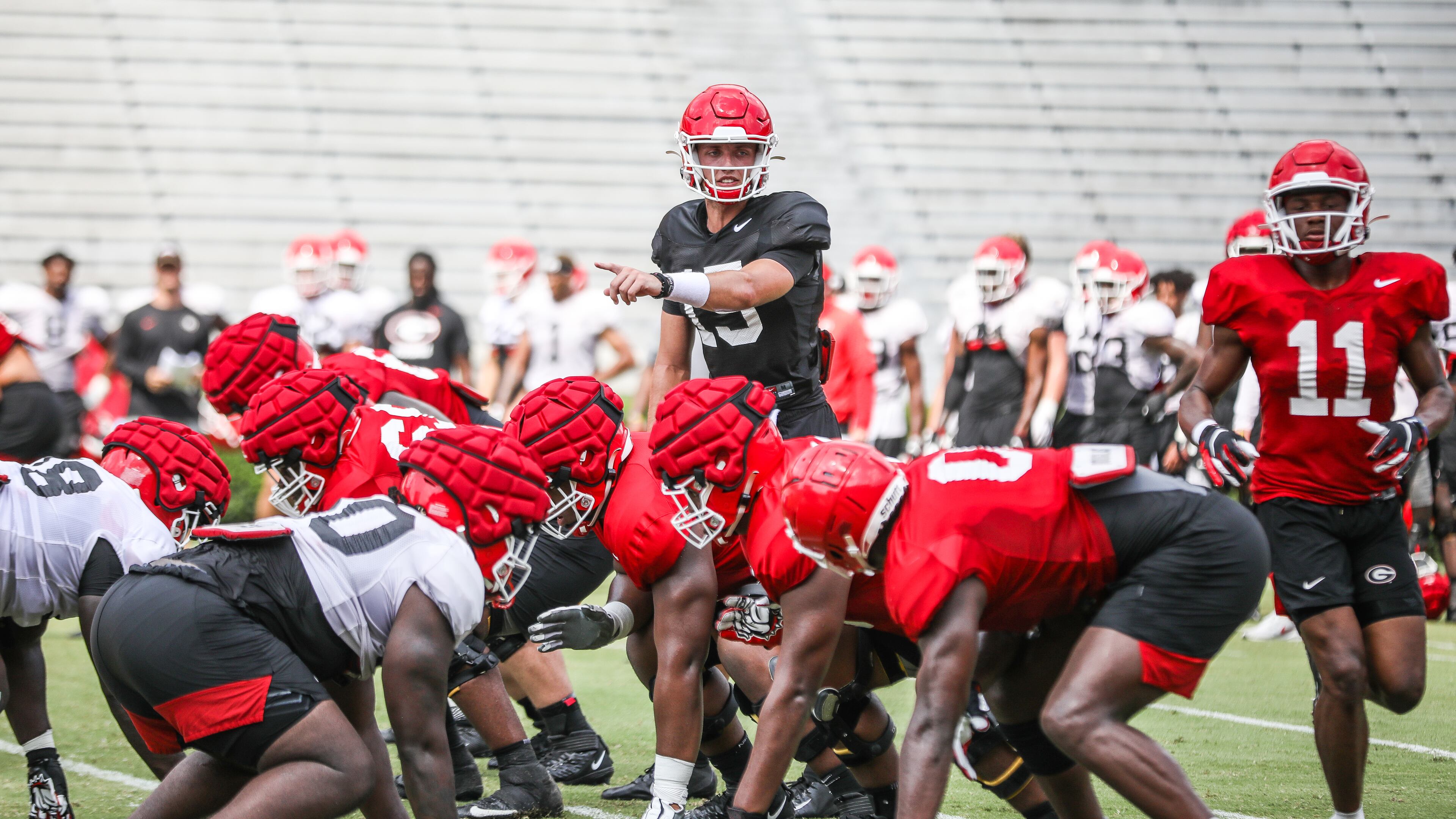 Georgia quarterback Carson Beck (15) signals to his receivers during the Bulldogs’ practice session on Dooley Field at Sanford Stadium this past Tuesday. On Saturday, Beck will try to show Georgia's coaches he deserves to be the primary backup for JT Daniels this season. (Photo by Mackenzie Miles/UGA Athletics)