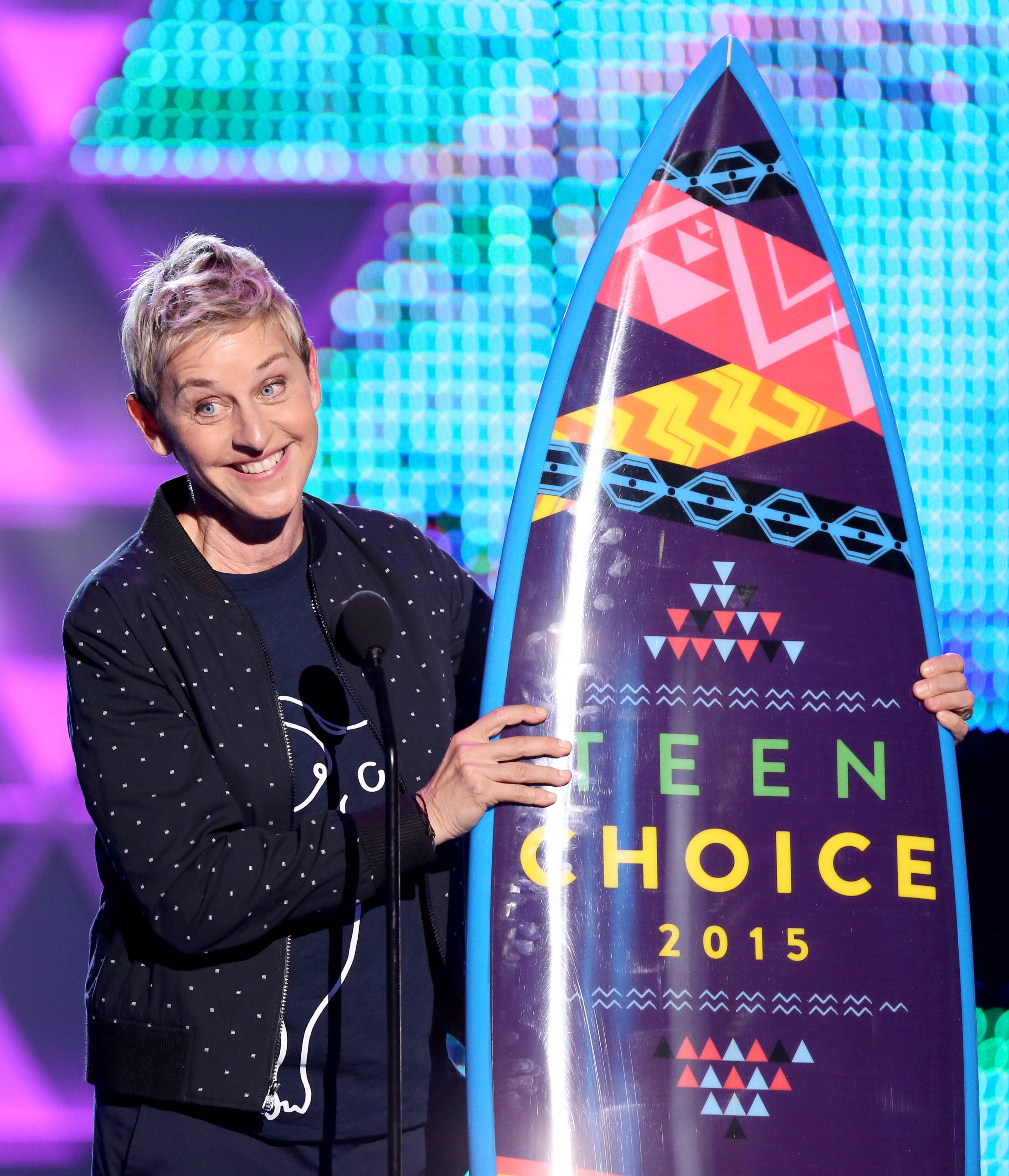 Ellen DeGeneres accepts the choice comedian award at the Teen Choice Awards at the Galen Center on Aug. 16, 2015, in Los Angeles.