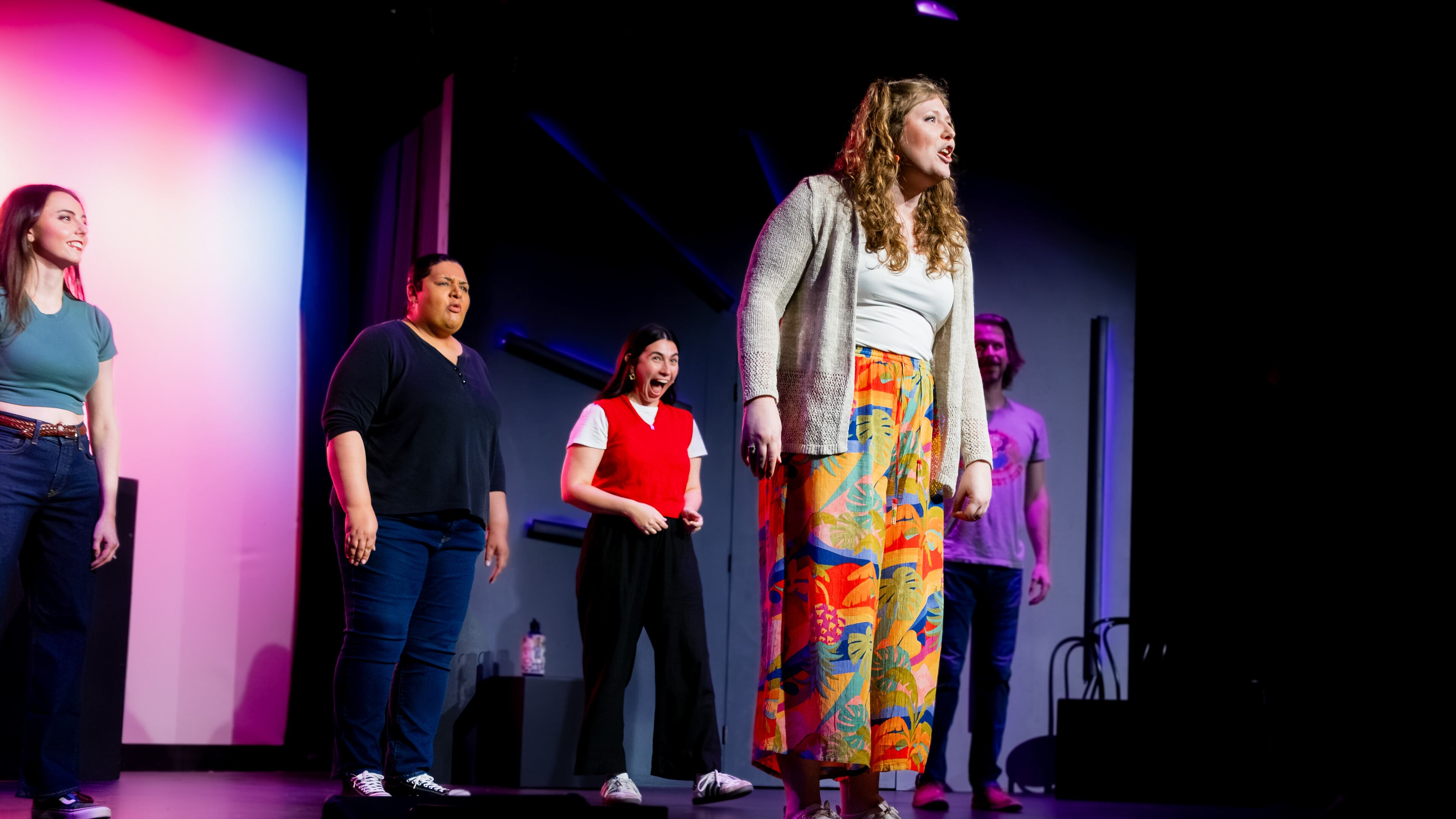 Gabriella Gordon (from left), Leslie Johnson, Allison Salinger, Madeline Evans and Clint Sowell ham it up for audiences in "Mother, May I Sleep with Improv?" at Dad's Garage. (Courtesy of Nick Sketchety)