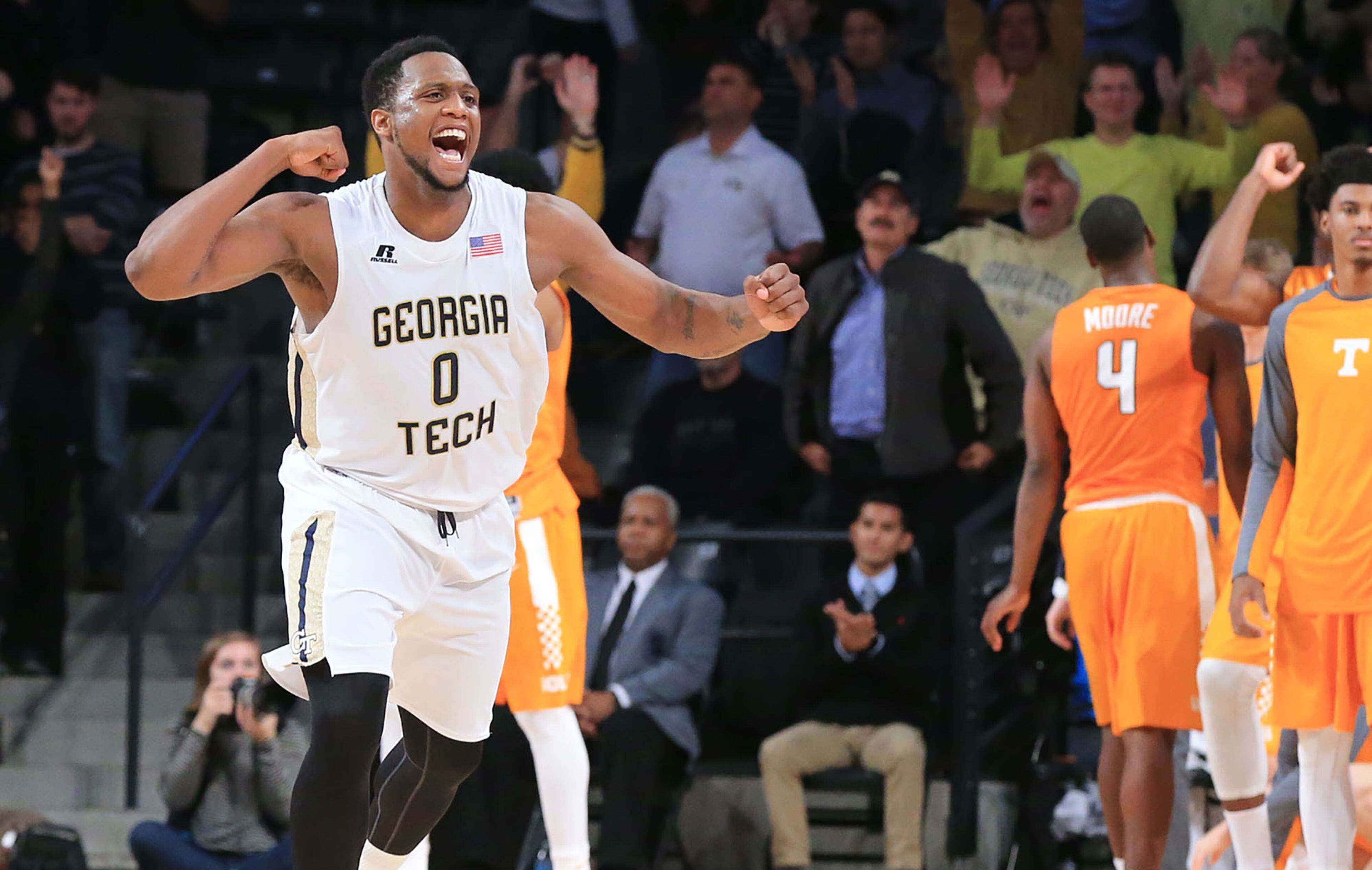 Georgia Tech forward Charles Mitchell reacts as time expires and Tennessee misses their last second shot allowing the Jackets to hold on to beat Tennessee 69-67 in a basketball game on Monday, Nov. 16, 2015 in Atlanta. Curtis Compton / ccompton@ajc.com