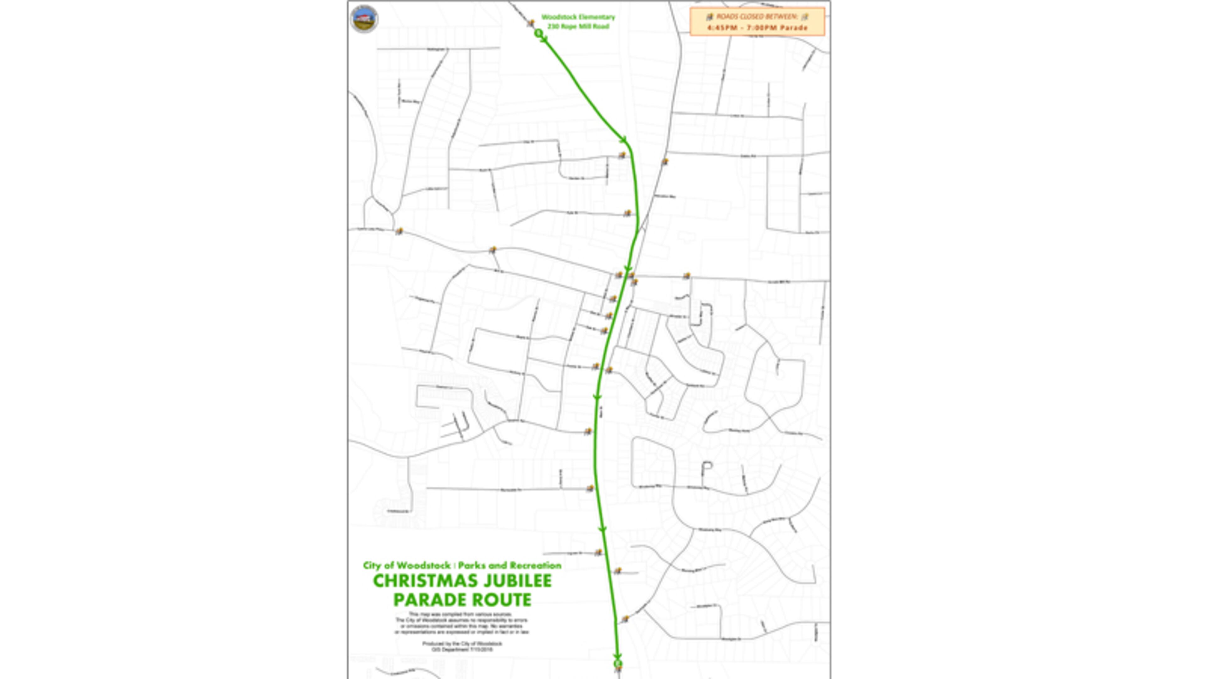 Map depicts the parade route and road closures for the Christmas Jubilee Parade of Lights, to be held Dec. 2 in Woodstock. Parts of Rope Mill Road and Main Street will be closed from 4:45 to 7 p.m. CITY OF WOODSTOCK
