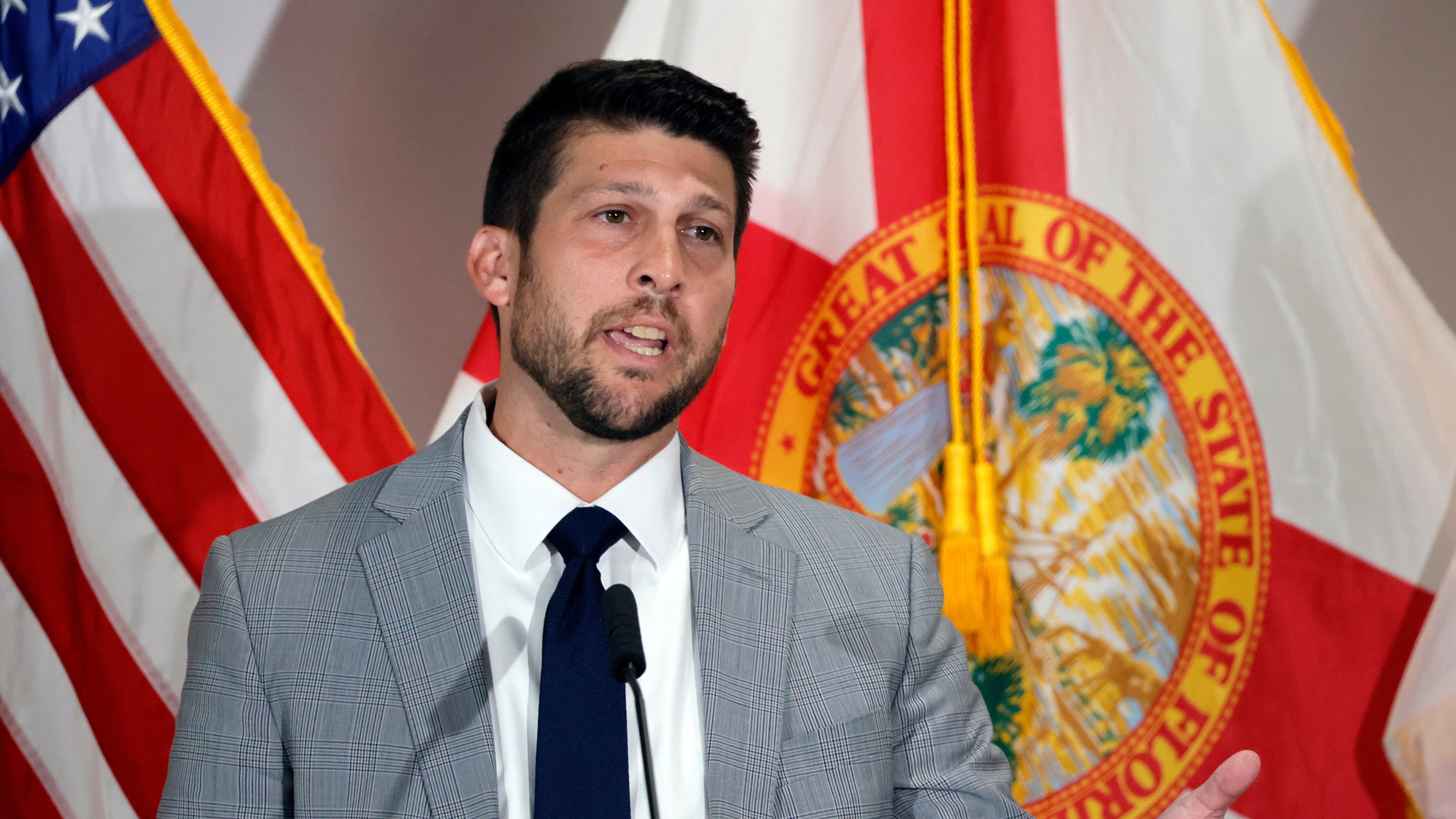 FILE - Florida Attorney General James Uthmeier speaks during a news conference at Palm Beach State College in Lake Worth, Fla., Aug. 20, 2025. (Amy Beth Bennett/South Florida Sun-Sentinel via AP, File)