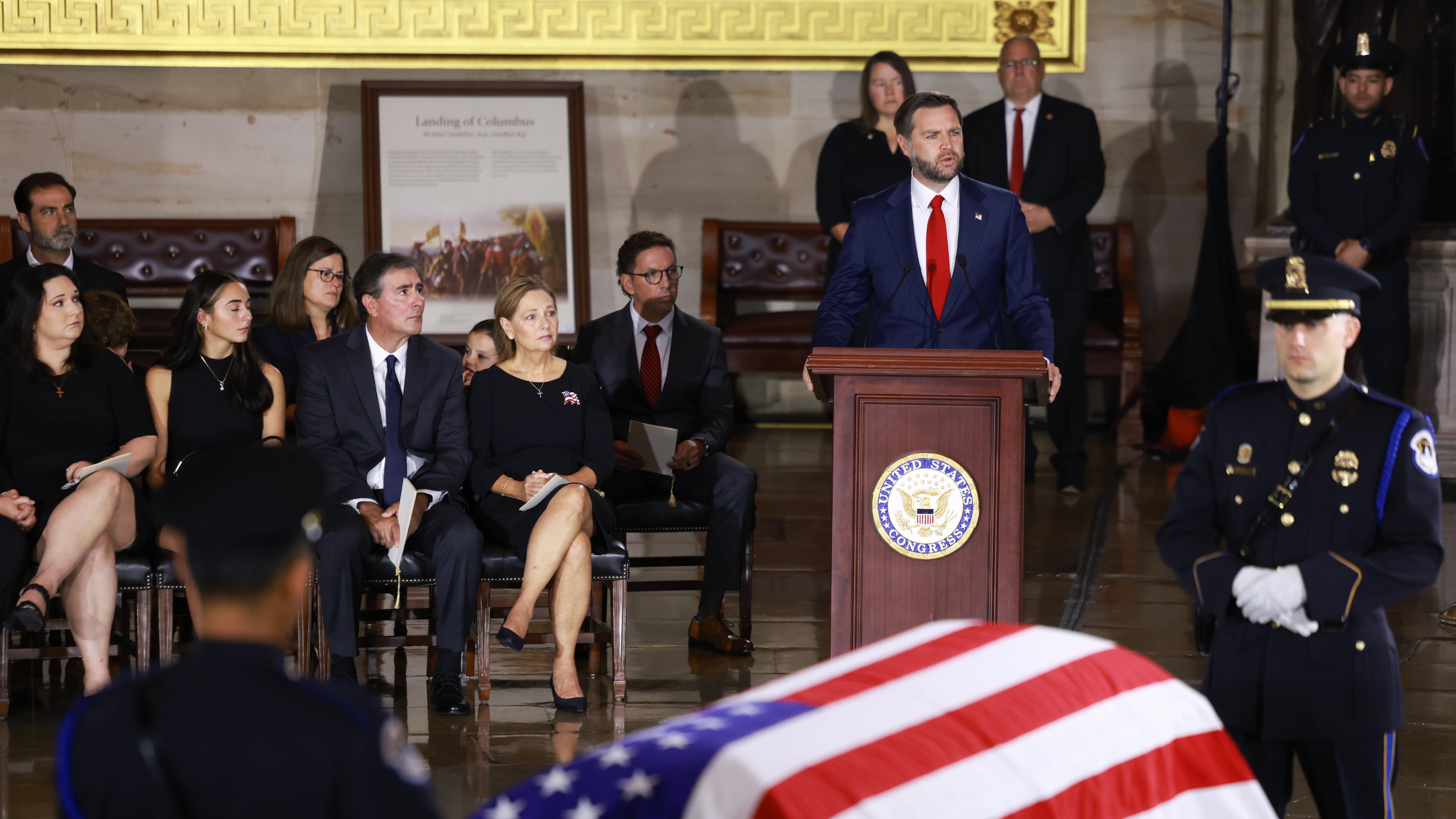 Vice President JD Vance speaks during a Congressional tribute to late Sen. Lindsey Graham, R-S.C., in the Rotunda of the U.S. Capitol, Tuesday, July 28, 2026, in Washington. (Tierney L. Cross/Pool via AP)