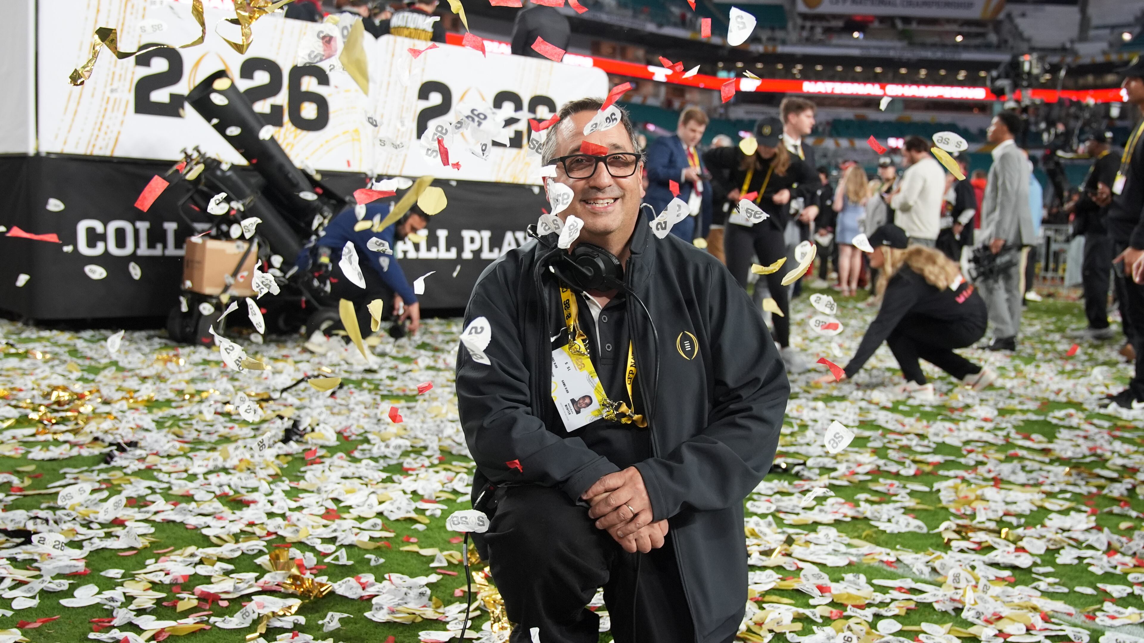 Noah Winter, responsible for the confetti displays, poses for a picture after the College Football Playoff national championship game, Monday, Jan. 19, 2026, in Miami Gardens, Fla. (AP Photo/Rebecca Blackwell)