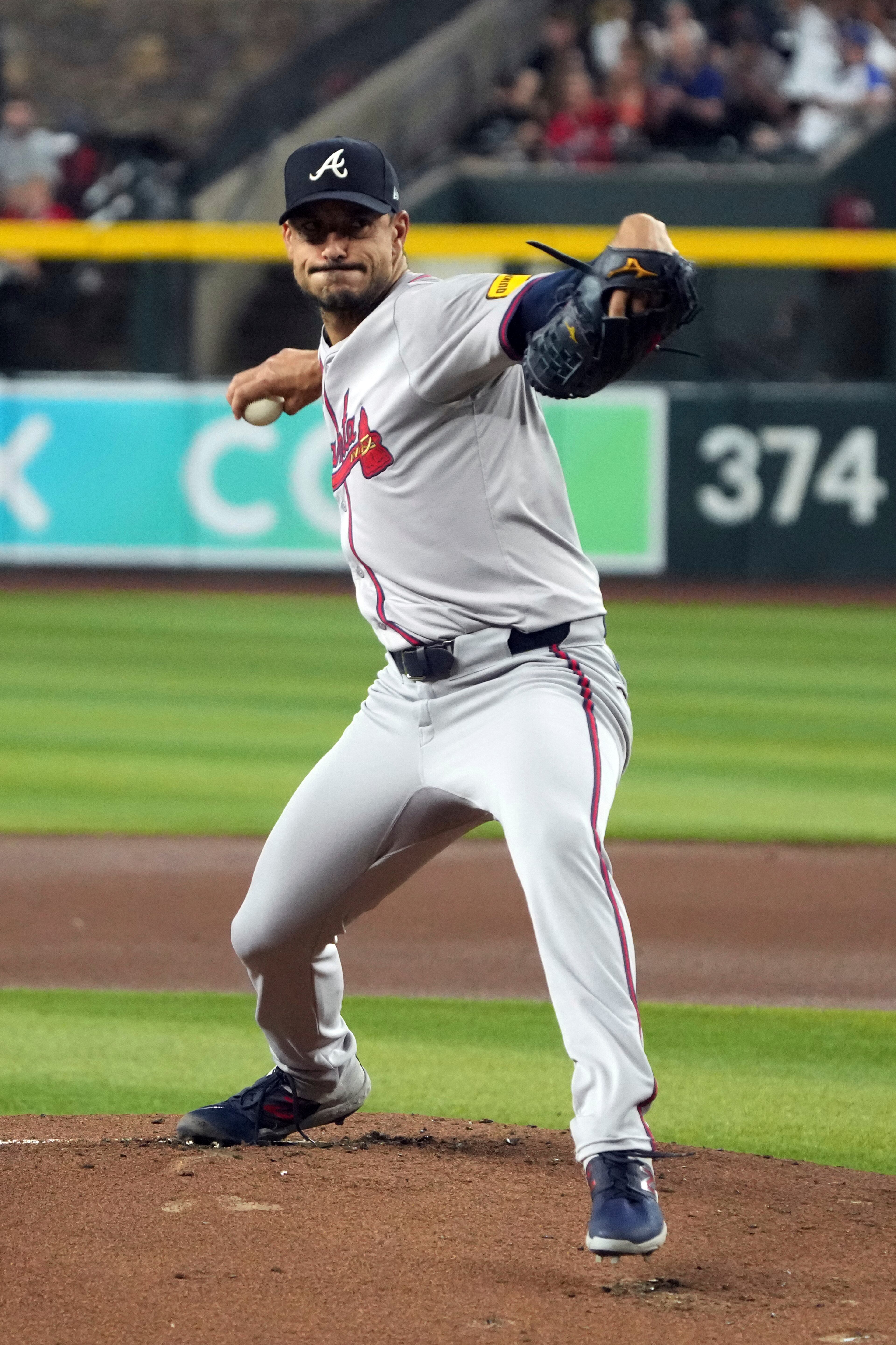 Atlanta Braves pitcher Charlie Morton (50) throws against the Arizona Diamondbacks in the first inning during a baseball game, Wednesday, July 10, 2024, in Phoenix. (AP Photo/Rick Scuteri)