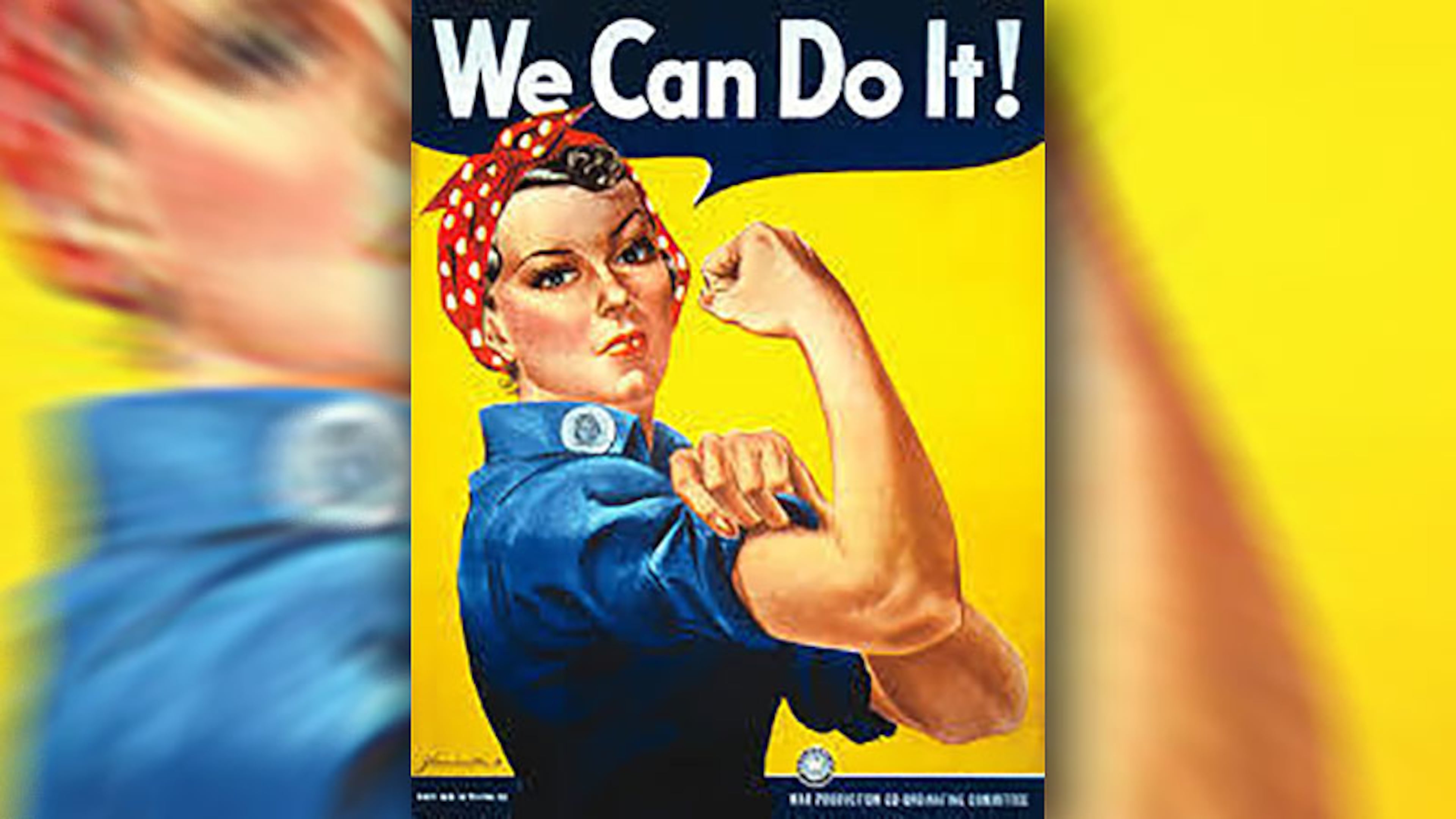 “Rosie the Riveter,” shown dressed in overalls and bandanna, was introduced as a symbol of patriotic womanhood in the 1940s.